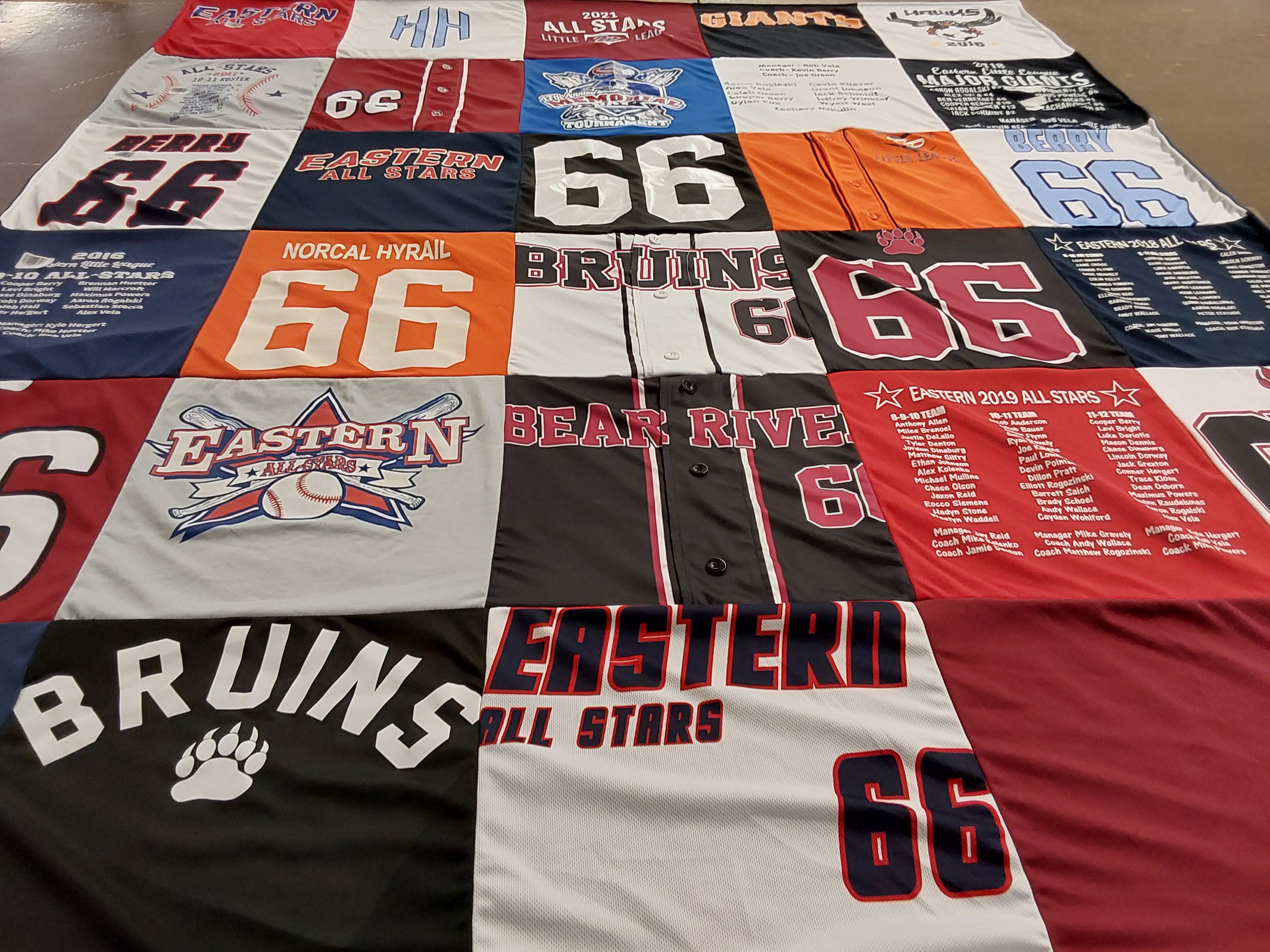 T-shirt quilt featuring eastern all stars, bear river bruins by Linda from CA
