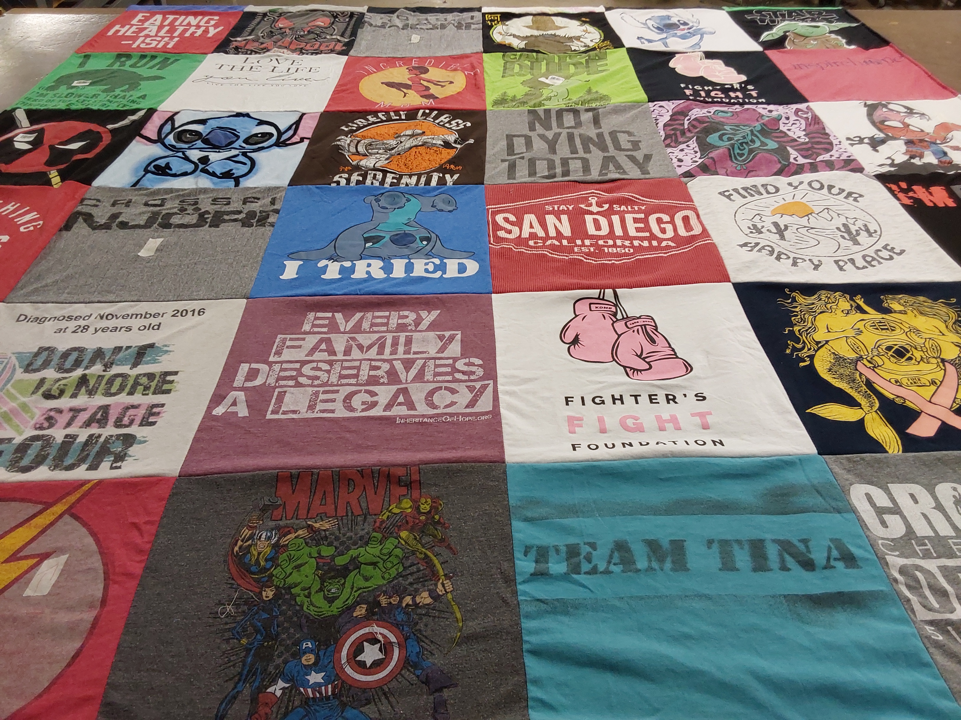 T-shirt quilt with fitness, health themes by Maija from CA