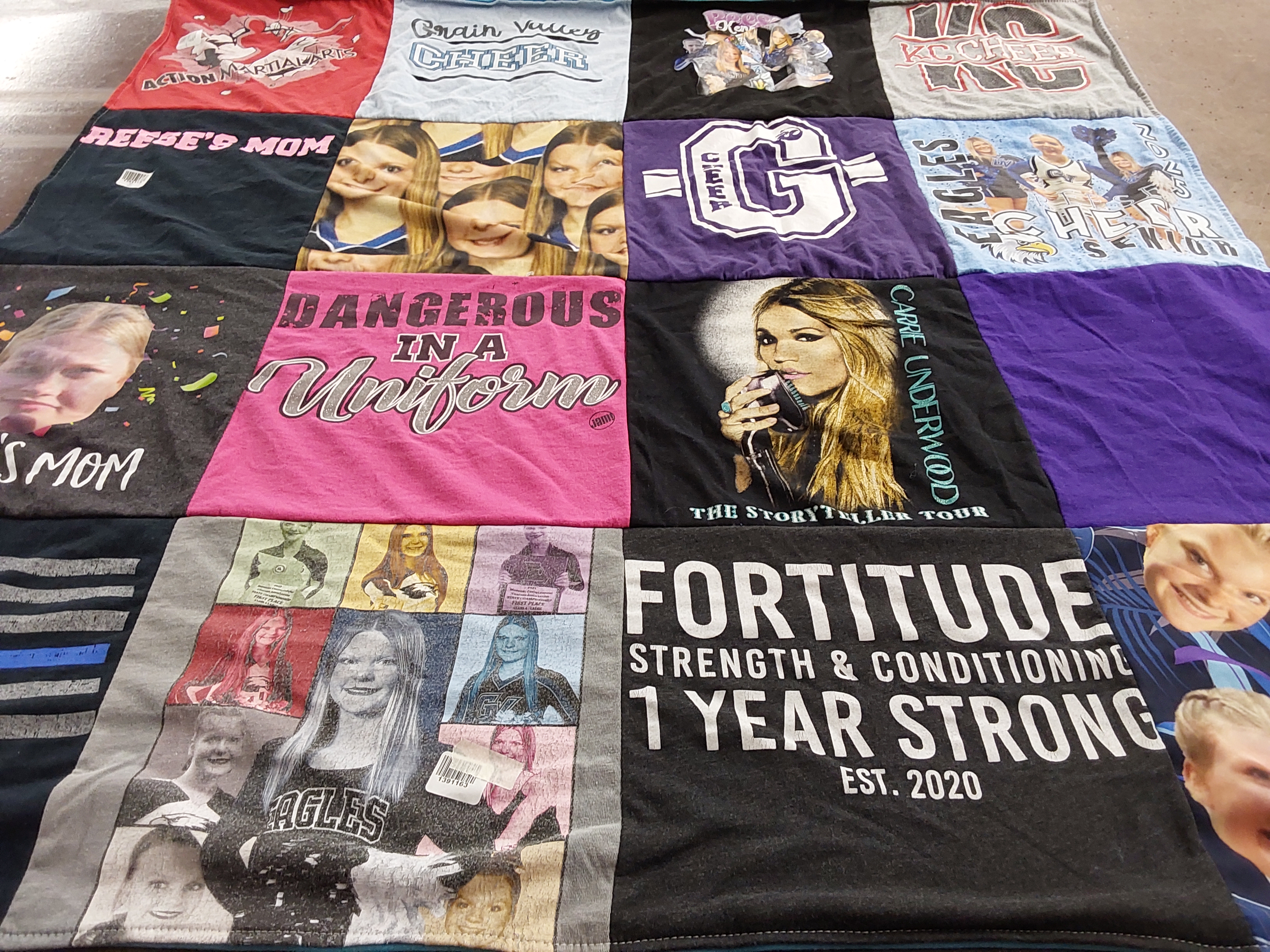 T-shirt quilt with cheerleading, music themes by Emily from MO