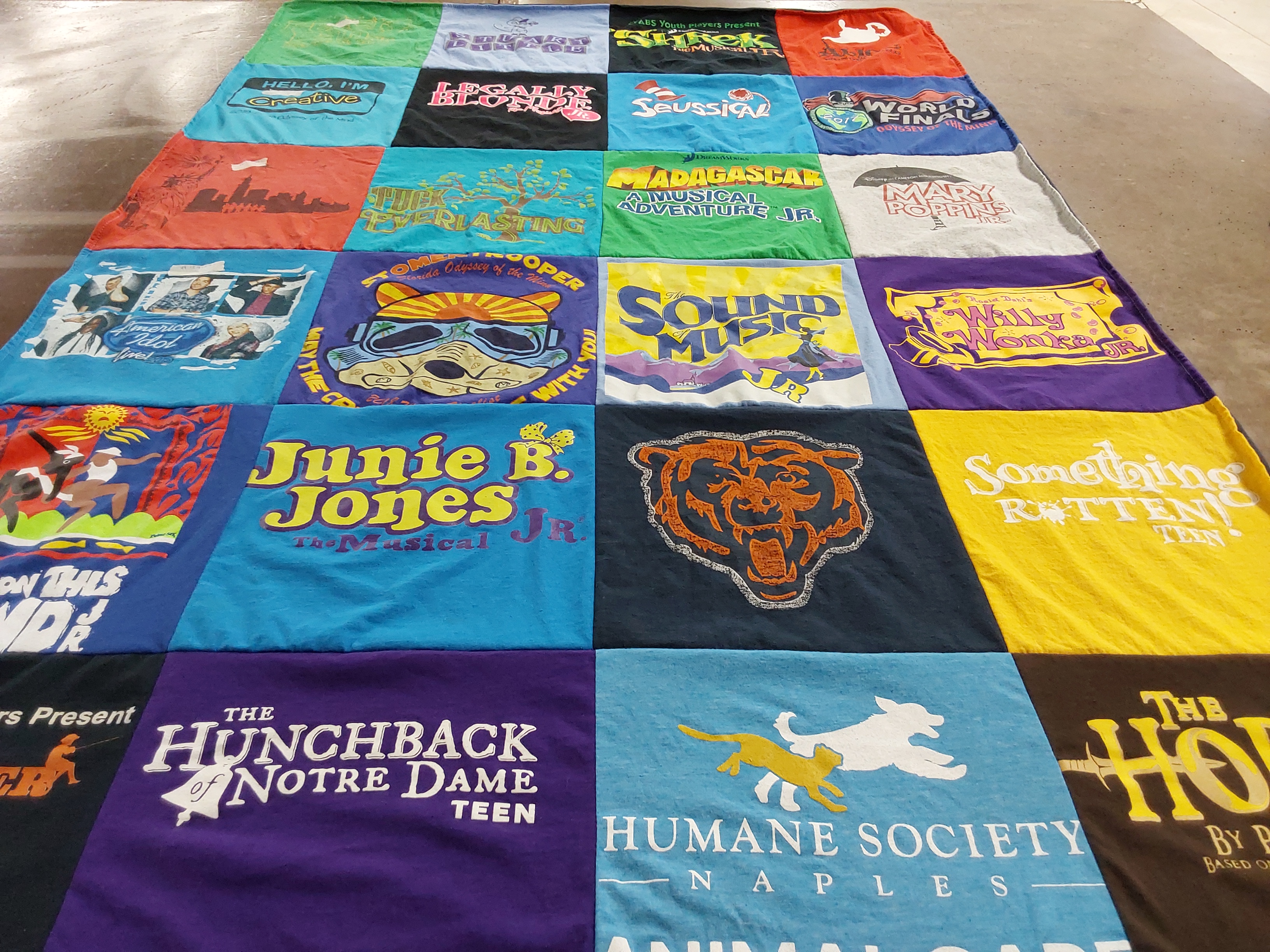 T-shirt quilt with theater, musicals themes by Dayanna from FL