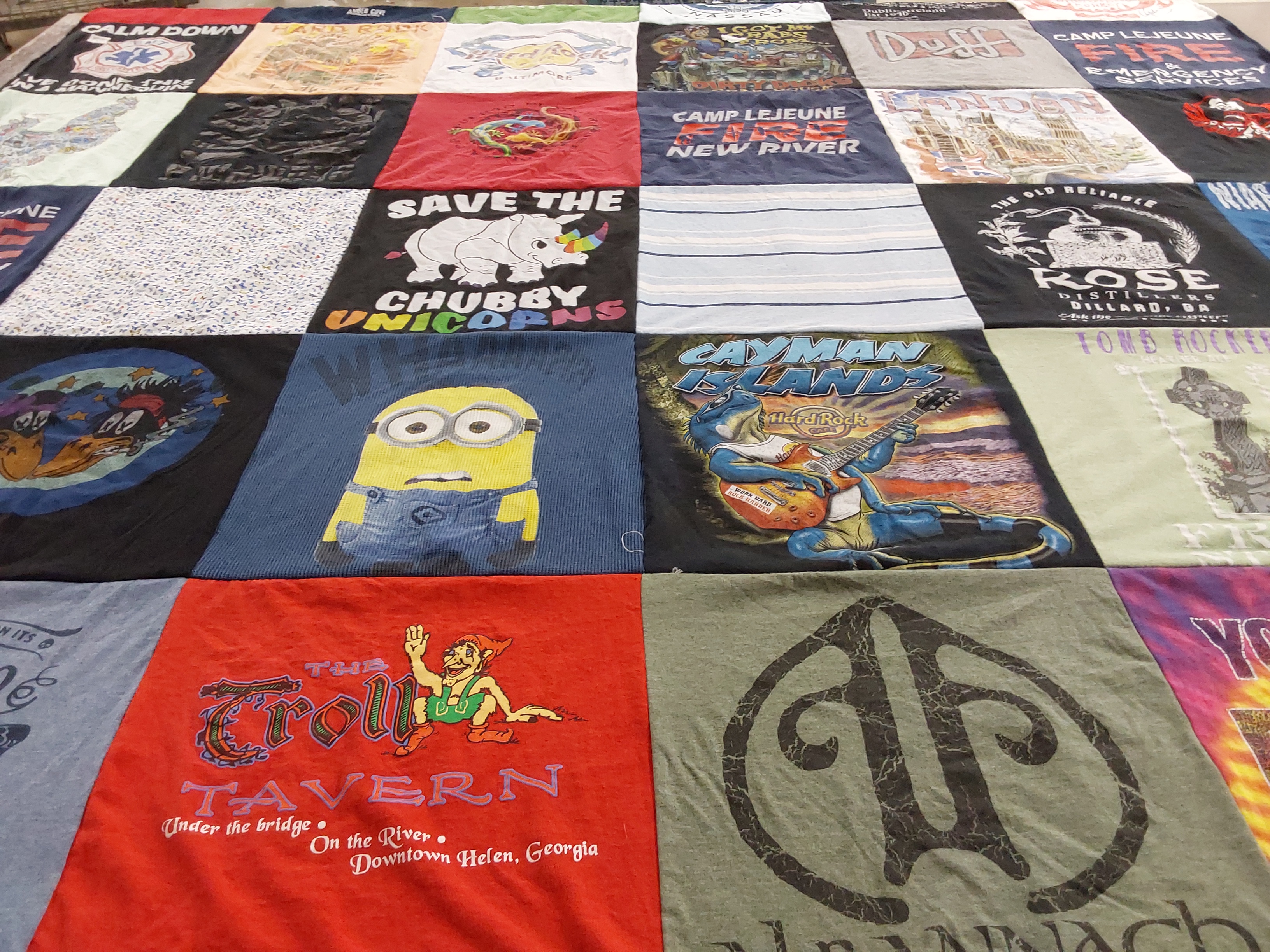 T-shirt quilt with taverns, unicorns themes by Christine from NC