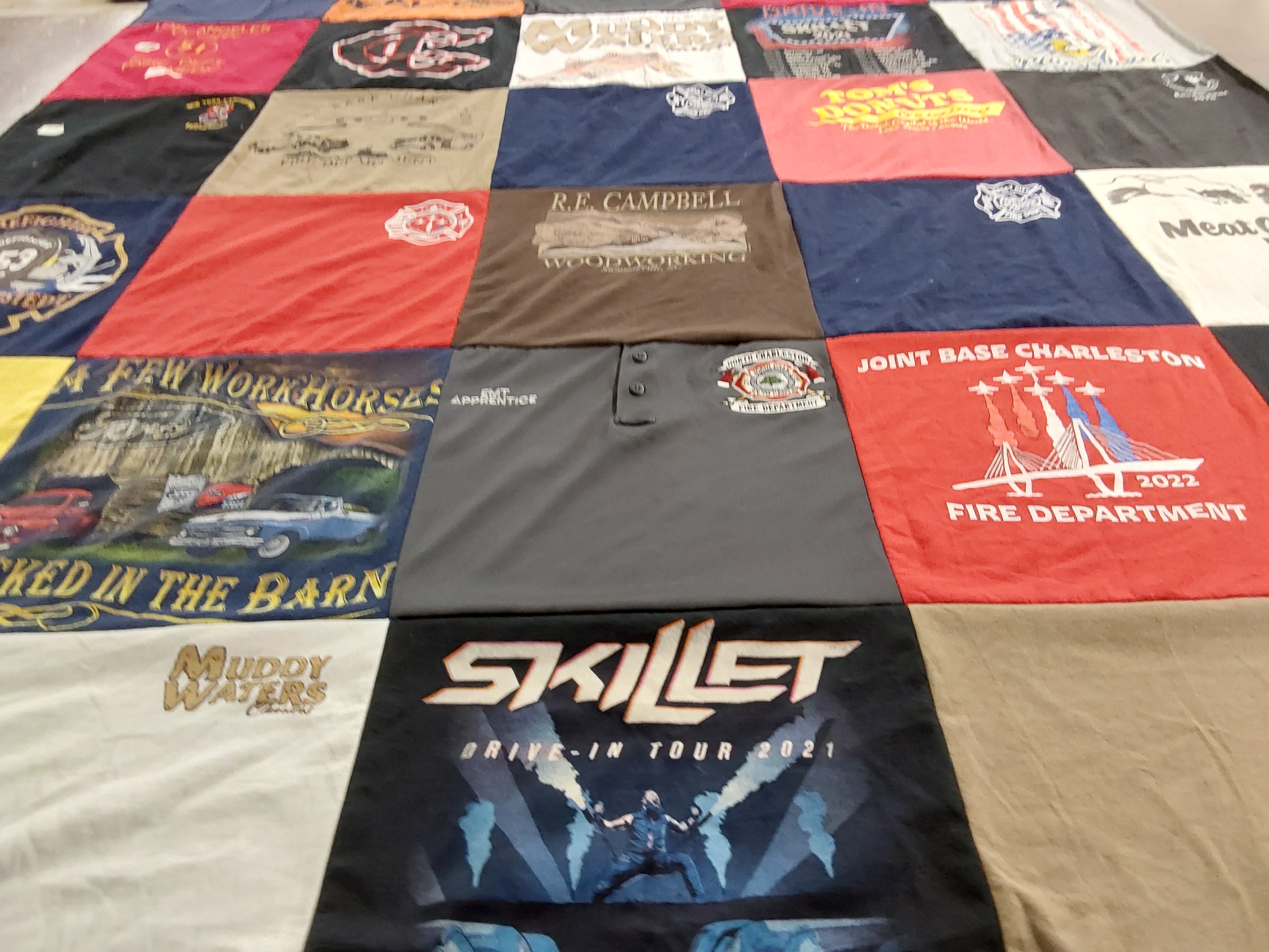 T-shirt quilt with music, firefighting themes by Raylene from SC
