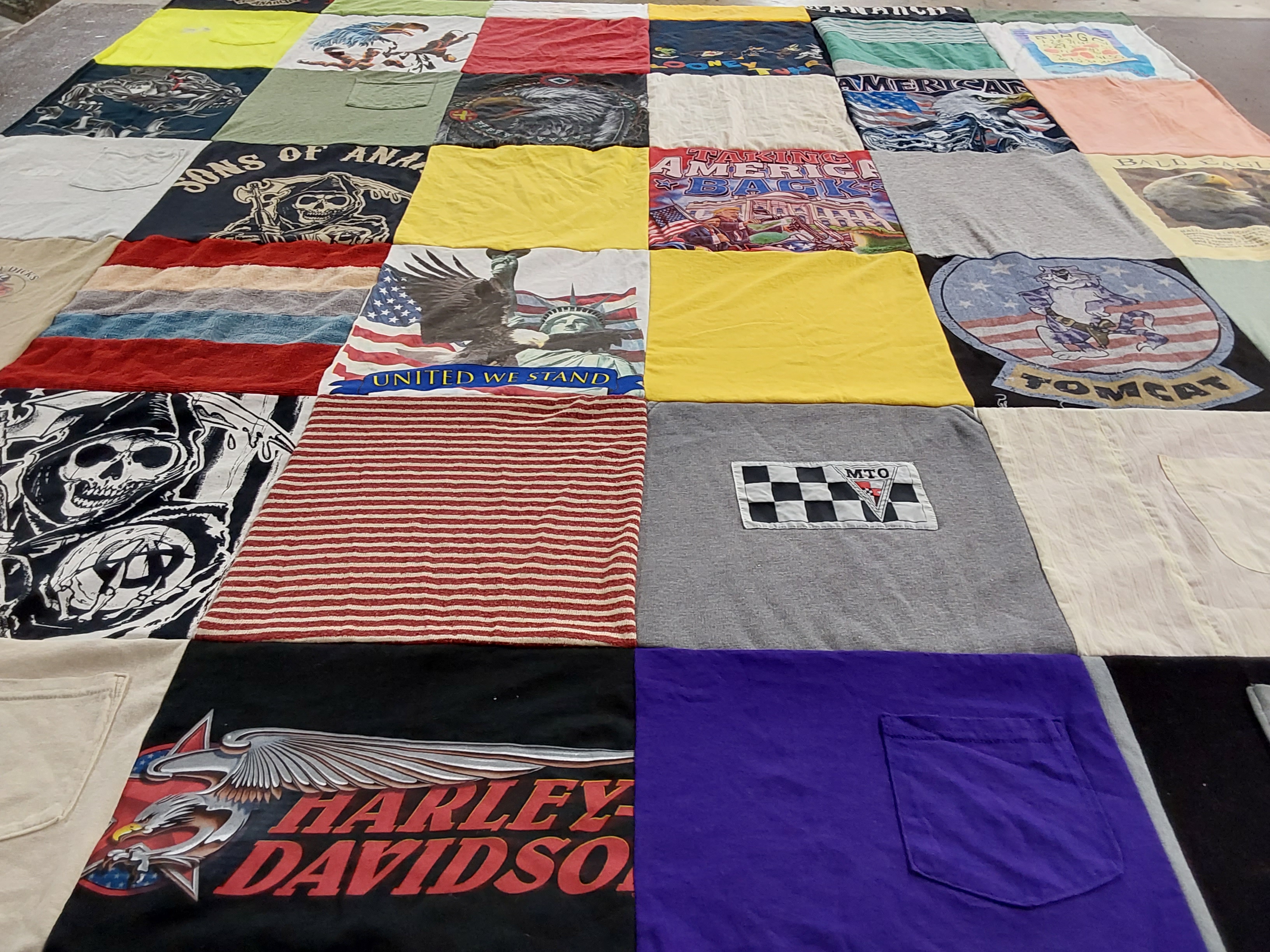 T-shirt quilt with motorcycles, patriotism themes by CORRINE from MD