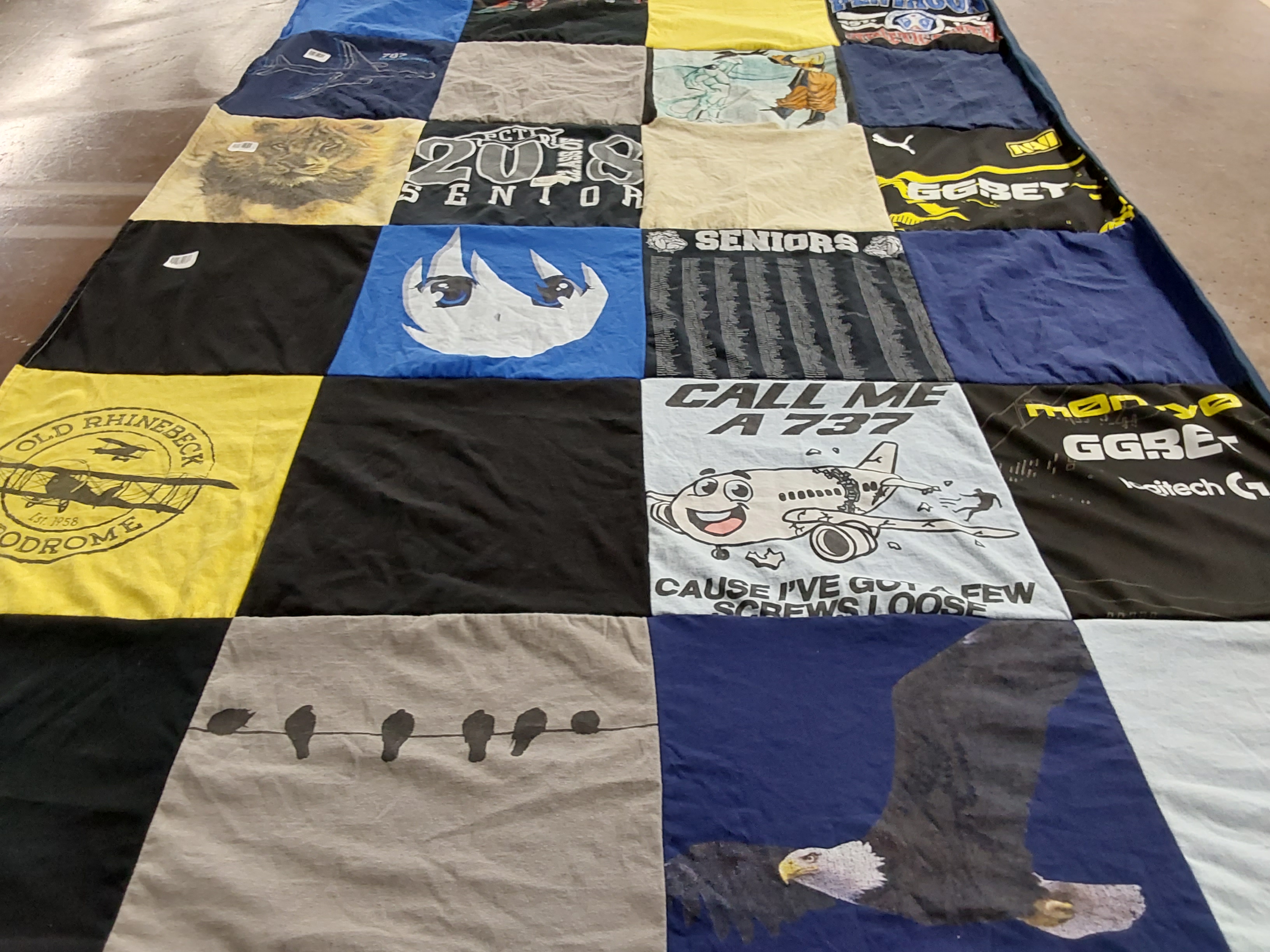 T-shirt quilt with aviation, graduation themes by Anette from NJ