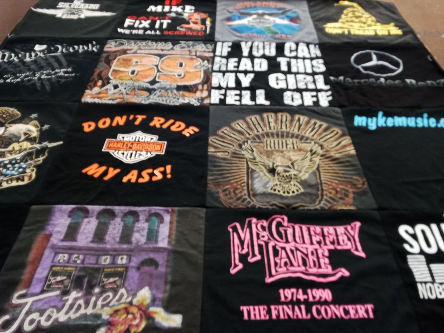 T-shirt quilt with motorcycles, music themes by Koty from OH