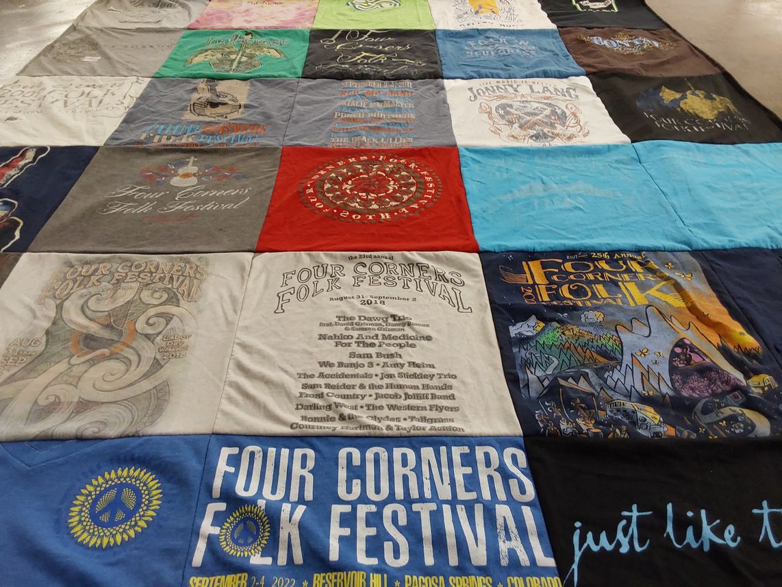 T-shirt quilt with music, folk festivals themes by Anna from CO