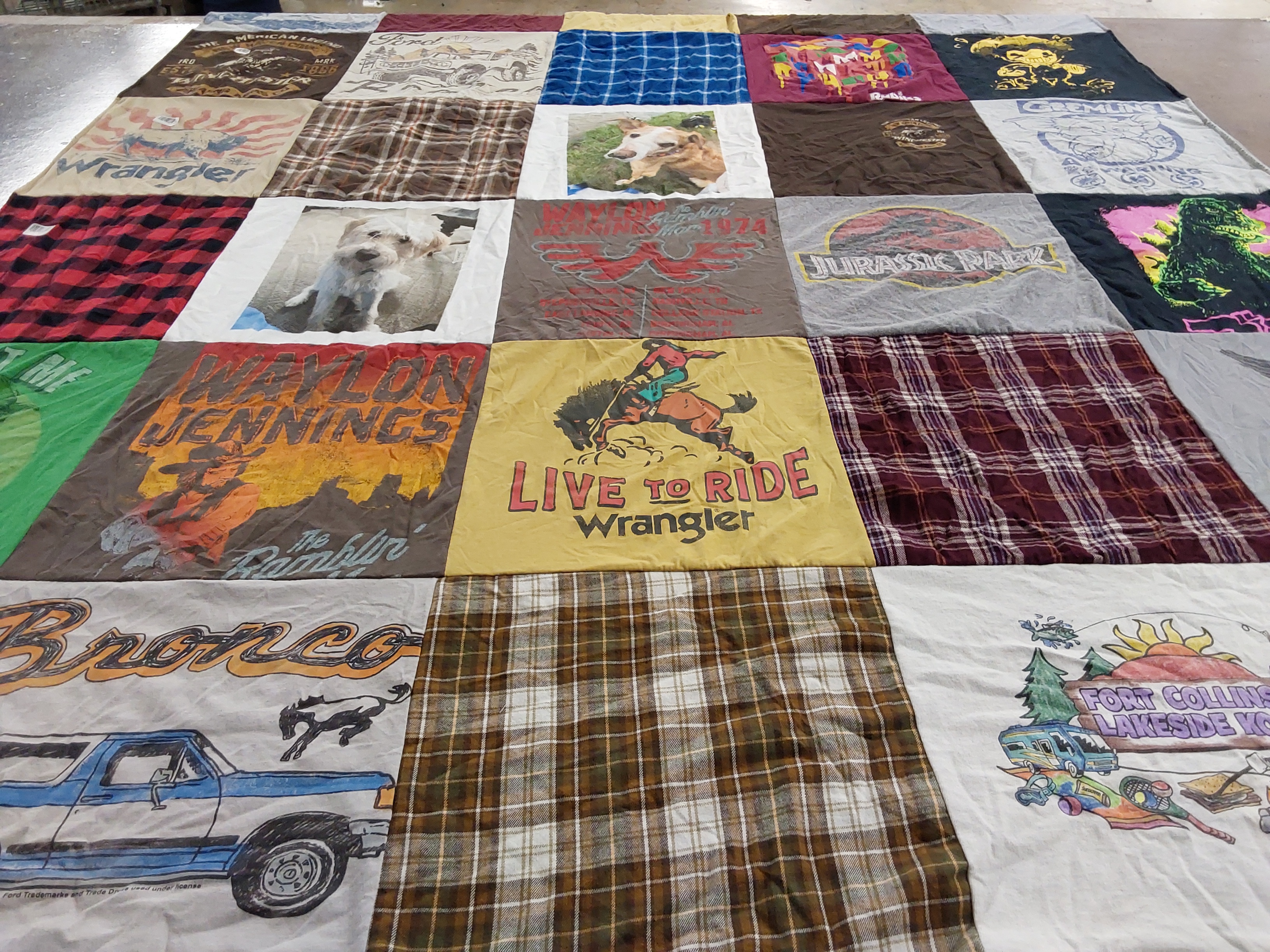 T-shirt quilt with country music, dinosaurs themes by Rita from CO