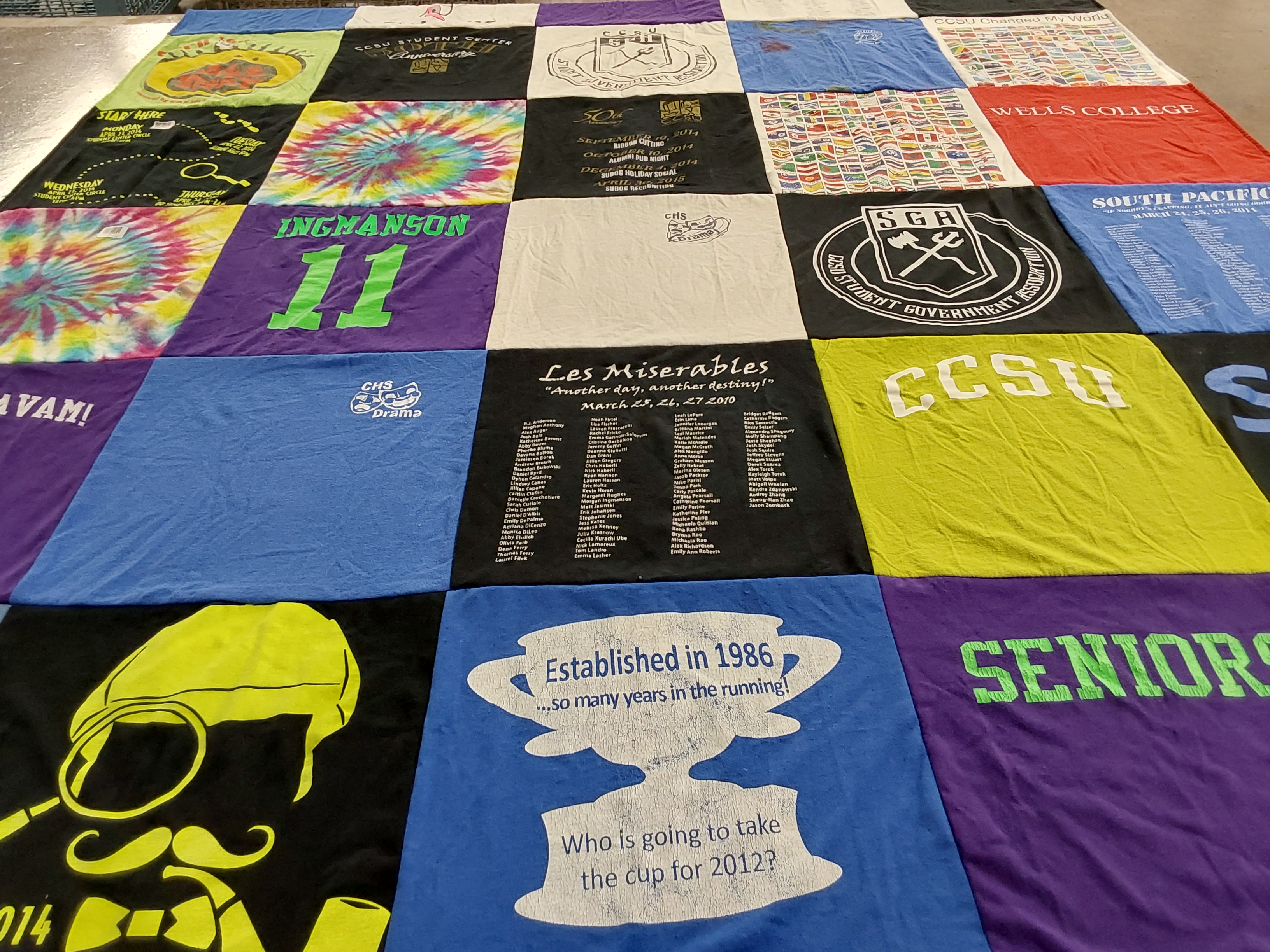 T-shirt quilt from central connecticut state university, wells college by Morgan from CT