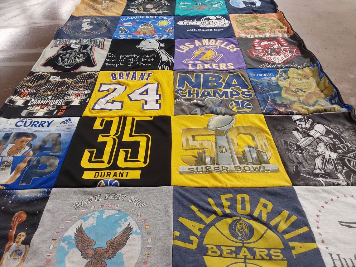 T-shirt quilt featuring golden state warriors, los angeles lakers by Jennifer from CA