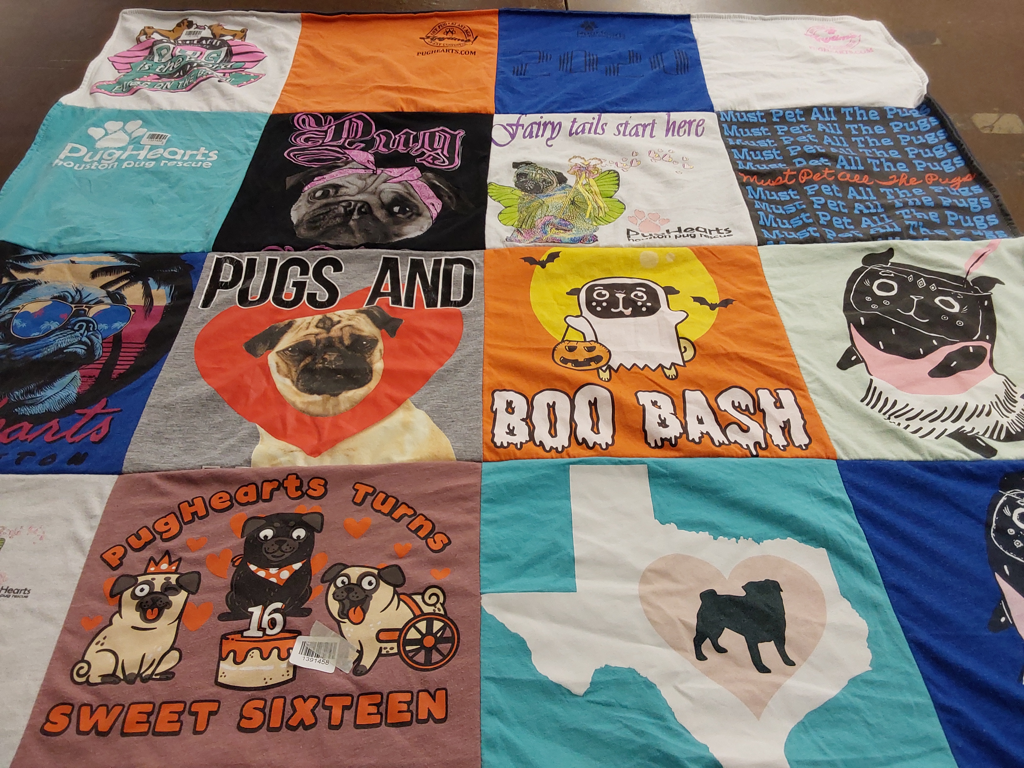 T-shirt quilt with pugs, pets themes by Julie from TX