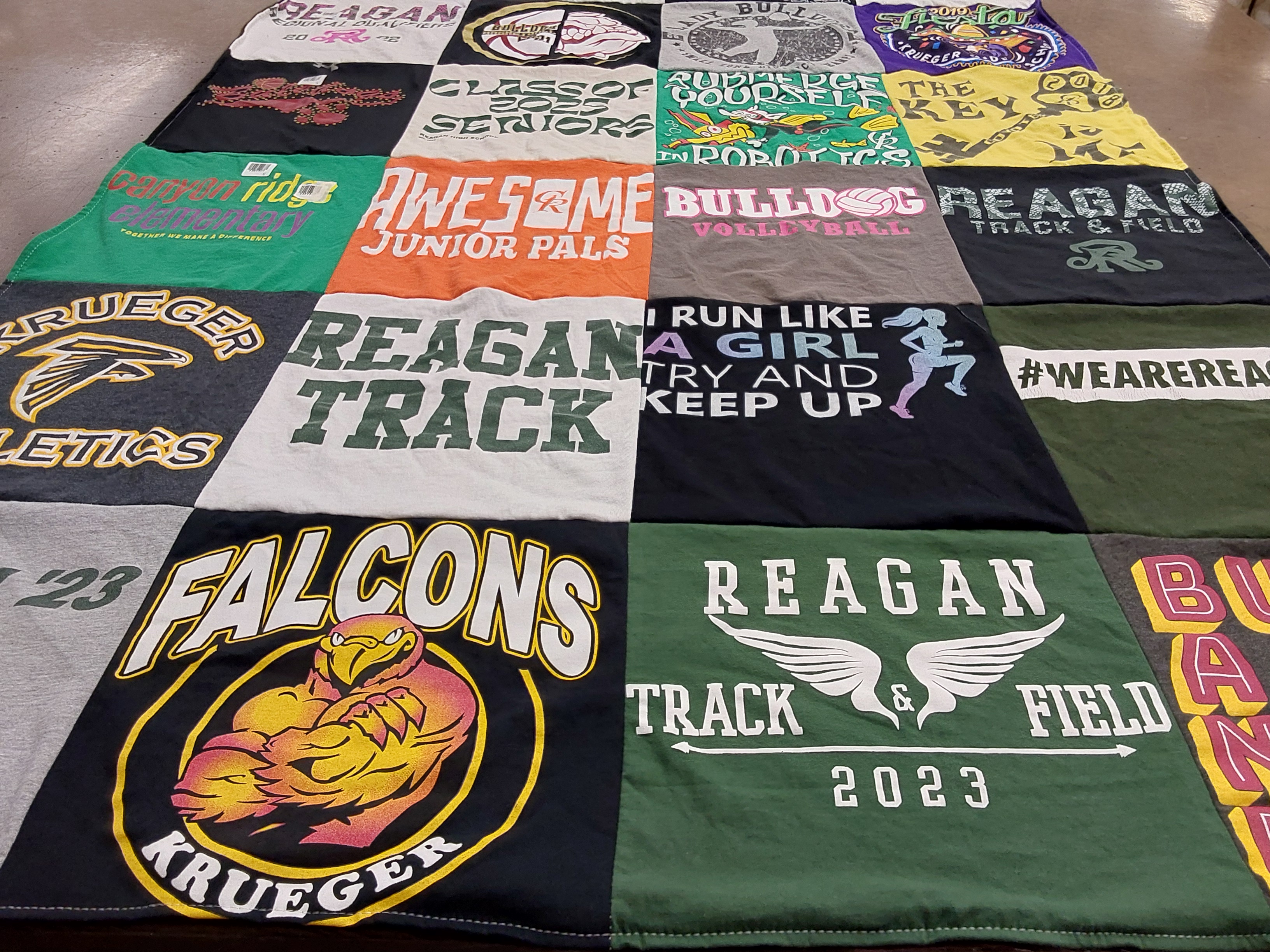T-shirt quilt featuring krueger falcons, reagan track and field by Shannon from TX