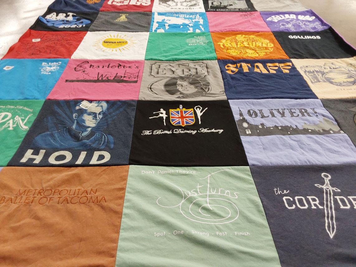 T-shirt quilt with theater, dance themes by Christina from WA