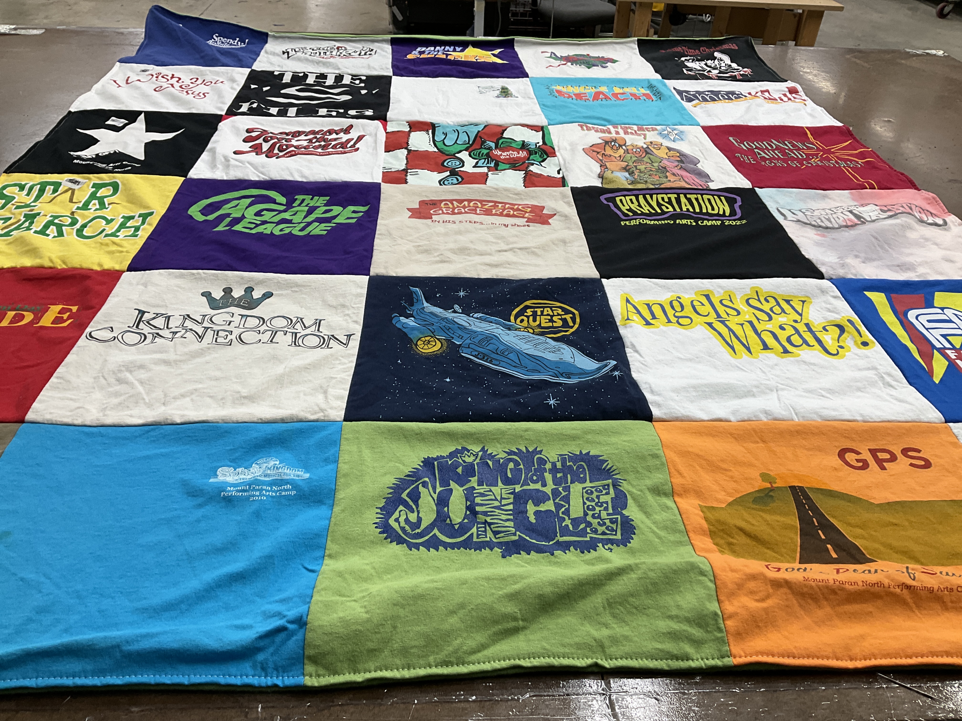 T-shirt quilt with performing arts, youth camps themes by Cindy from GA
