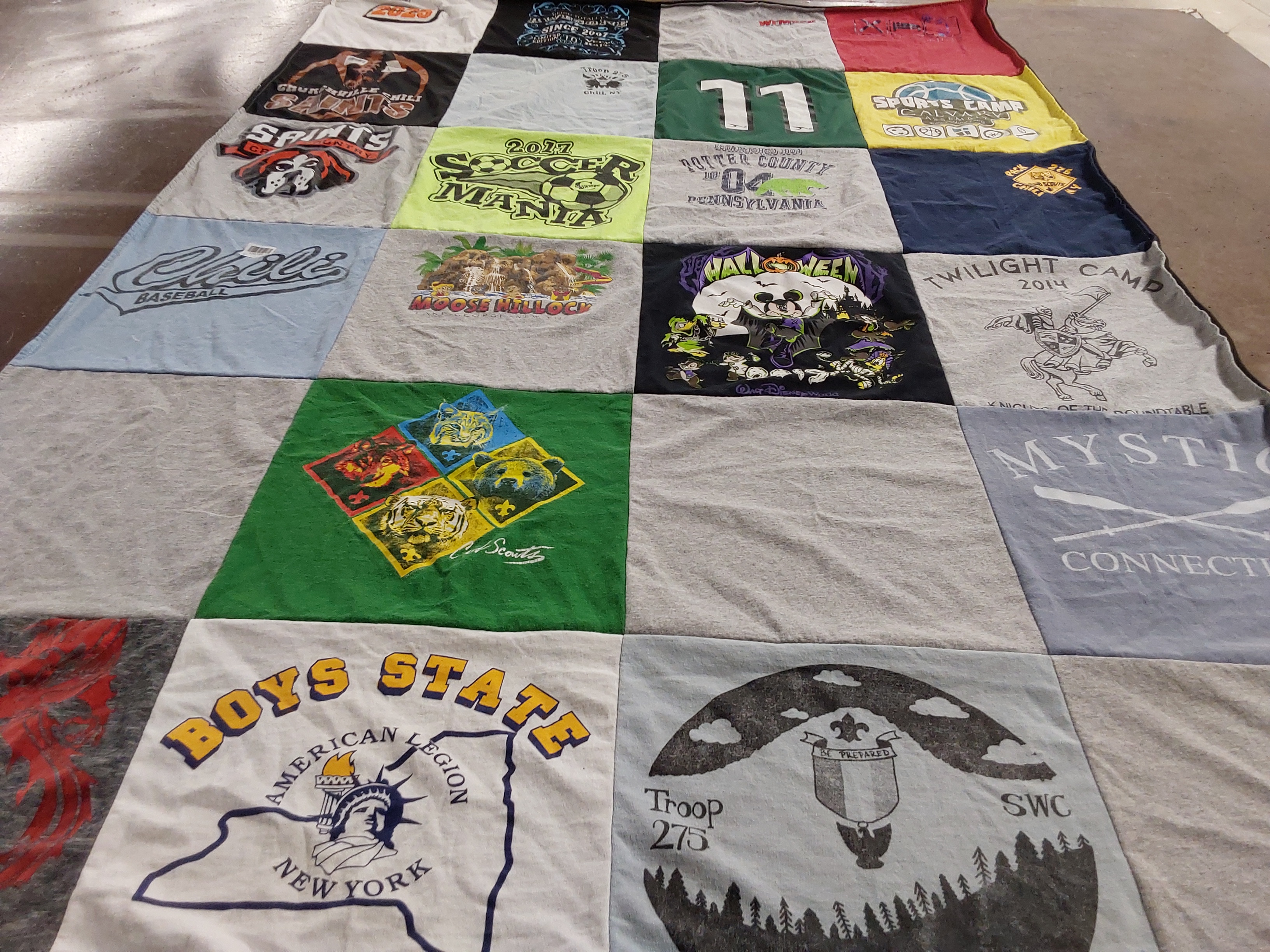 T-shirt quilt with sports, camping themes by Cara from NY