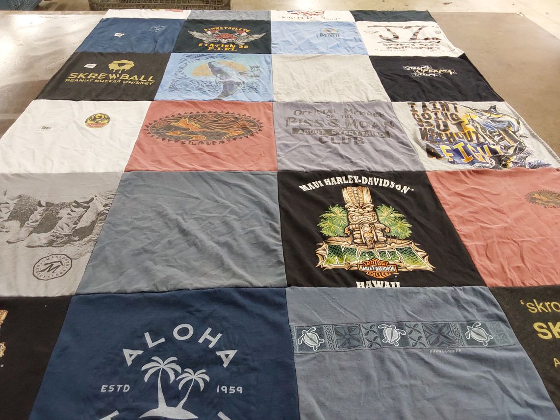 T-shirt quilt with whiskey, motorcycles themes by Kimberly from MA