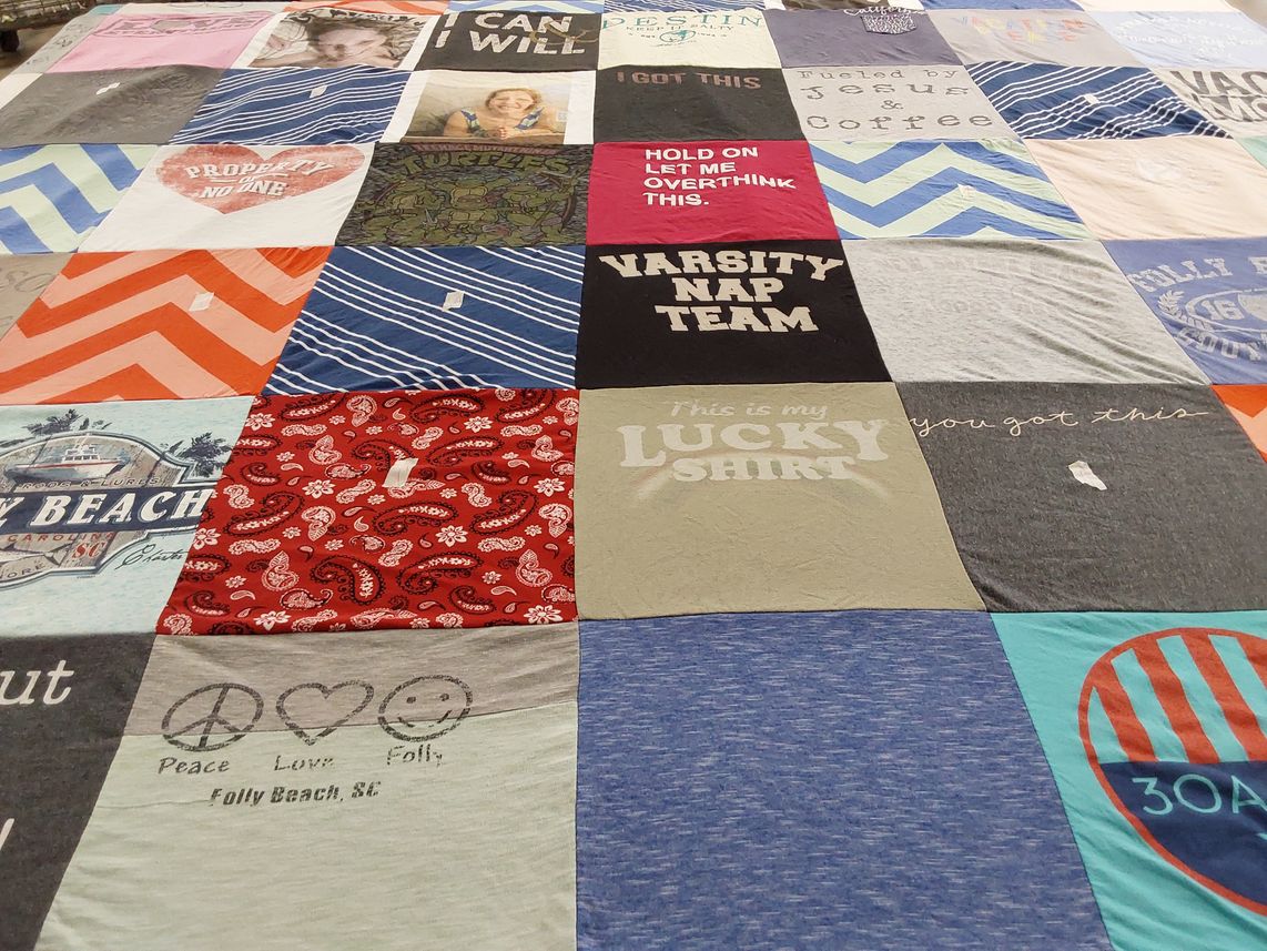 T-shirt quilt with beach, coffee themes by Eric from TN