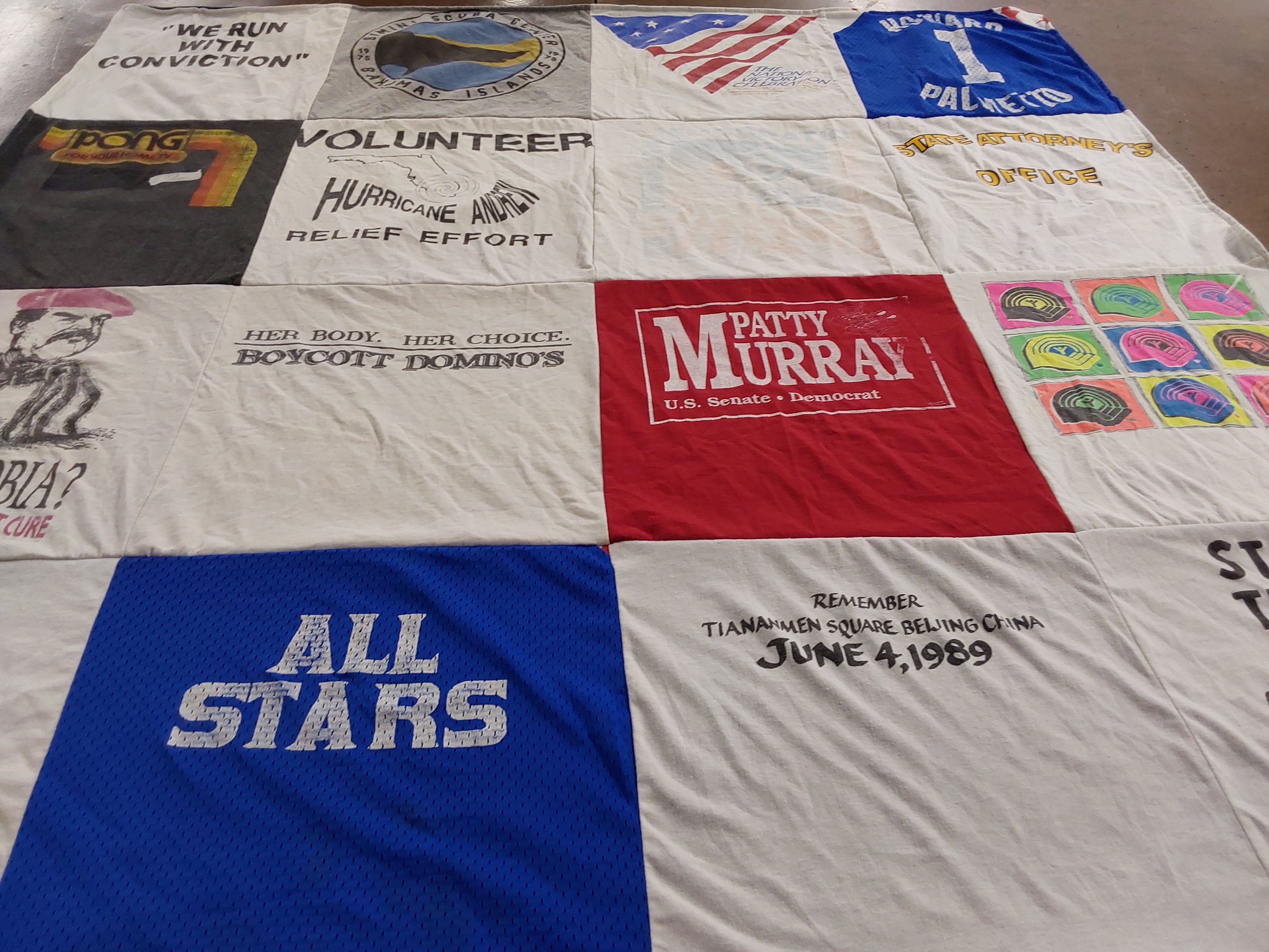 T-shirt quilt with social justice, politics themes by Rachel from FL