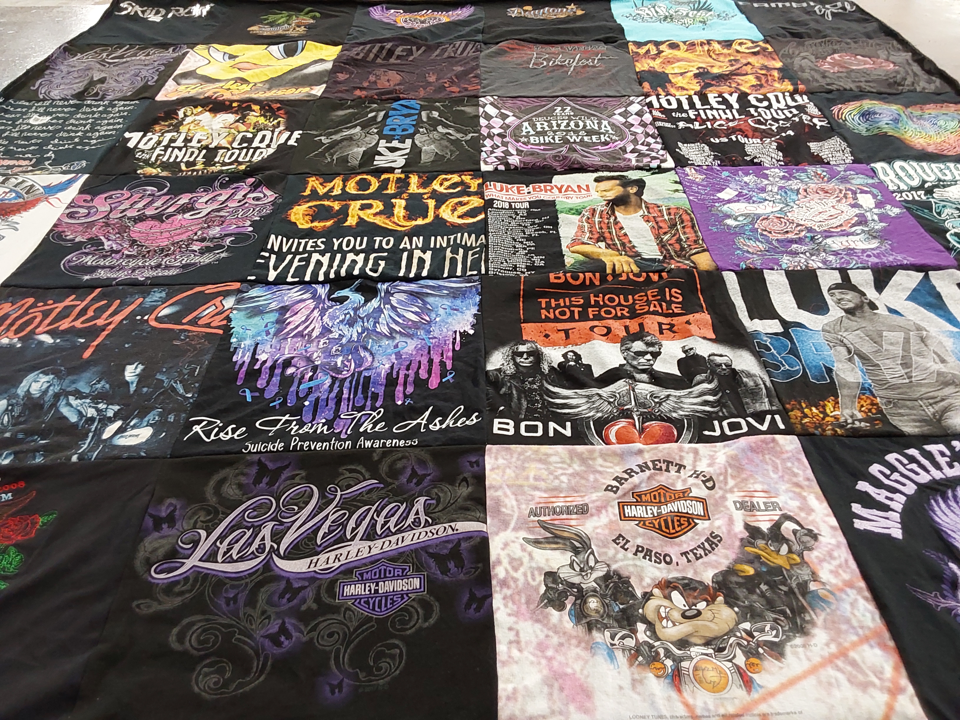 T-shirt quilt with music, motorcycles themes by Lopez from NM