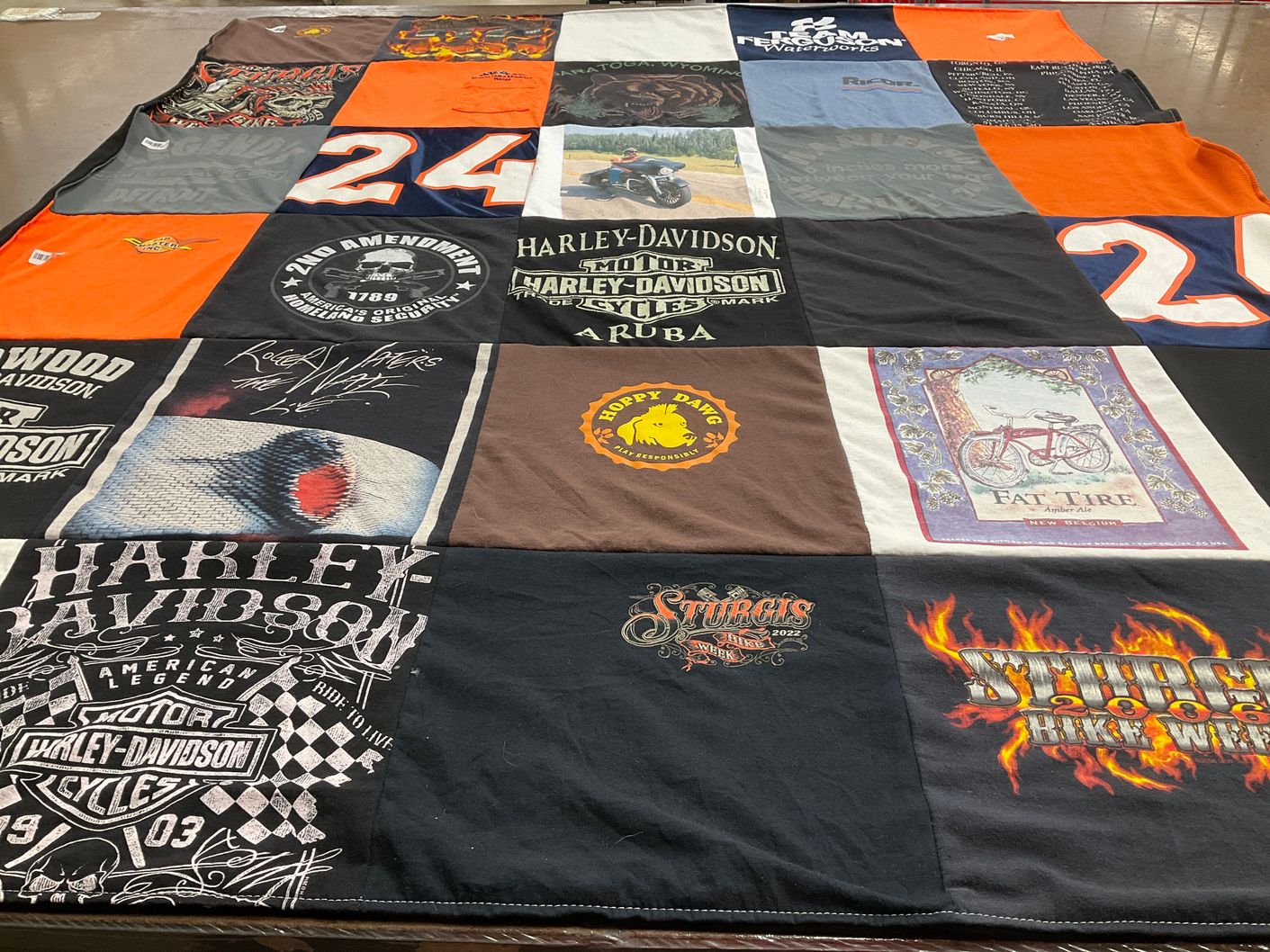 T-shirt quilt with motorcycles, biking themes by Taylor from CO