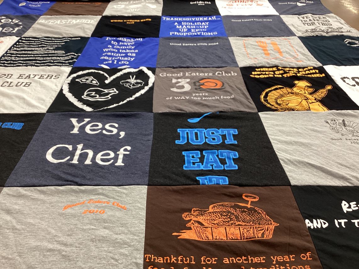 T-shirt quilt with cooking, eating themes by Marisa from NJ
