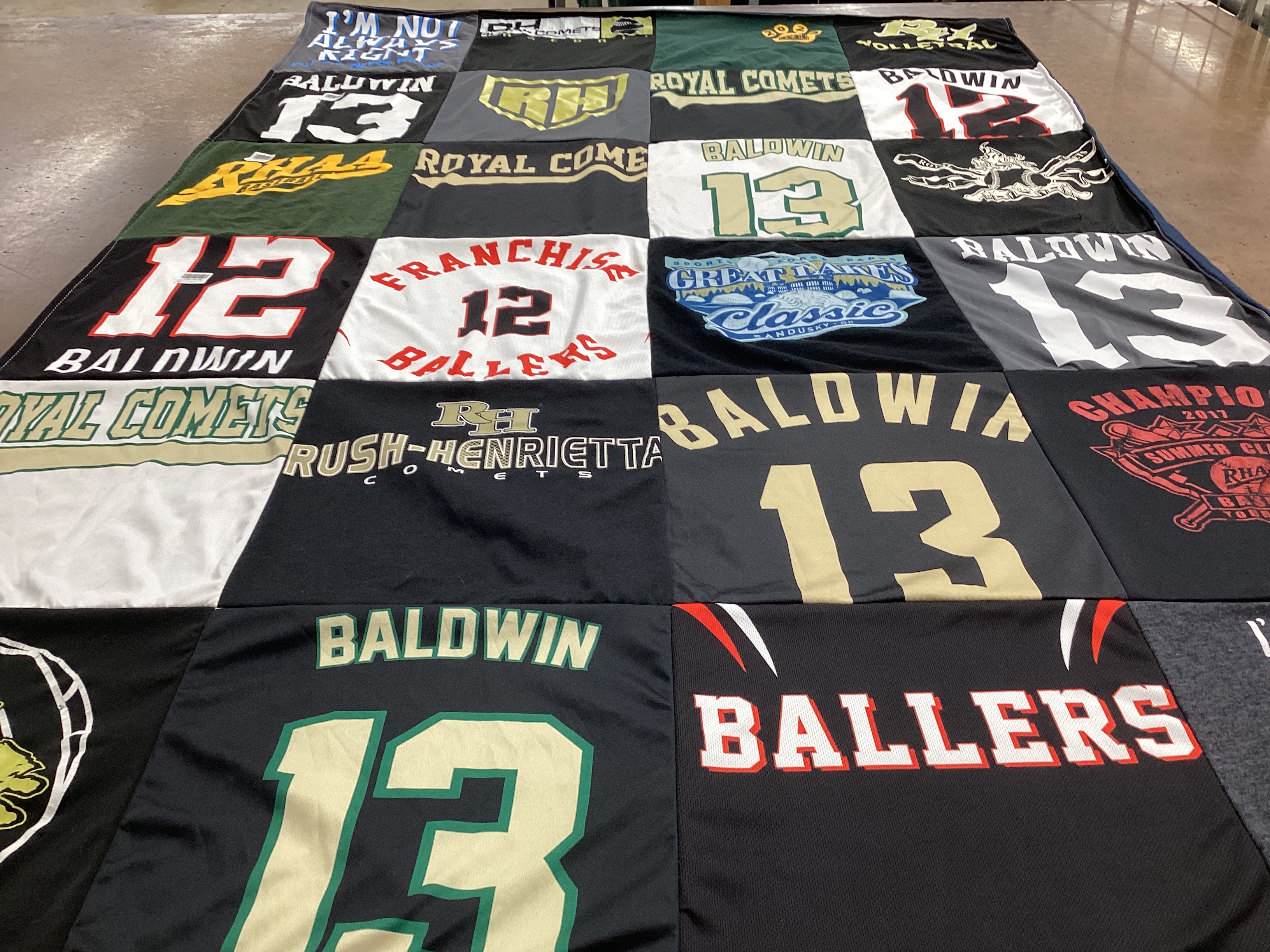 T-shirt quilt featuring royal comets, franchise ballers by Amanda from NY