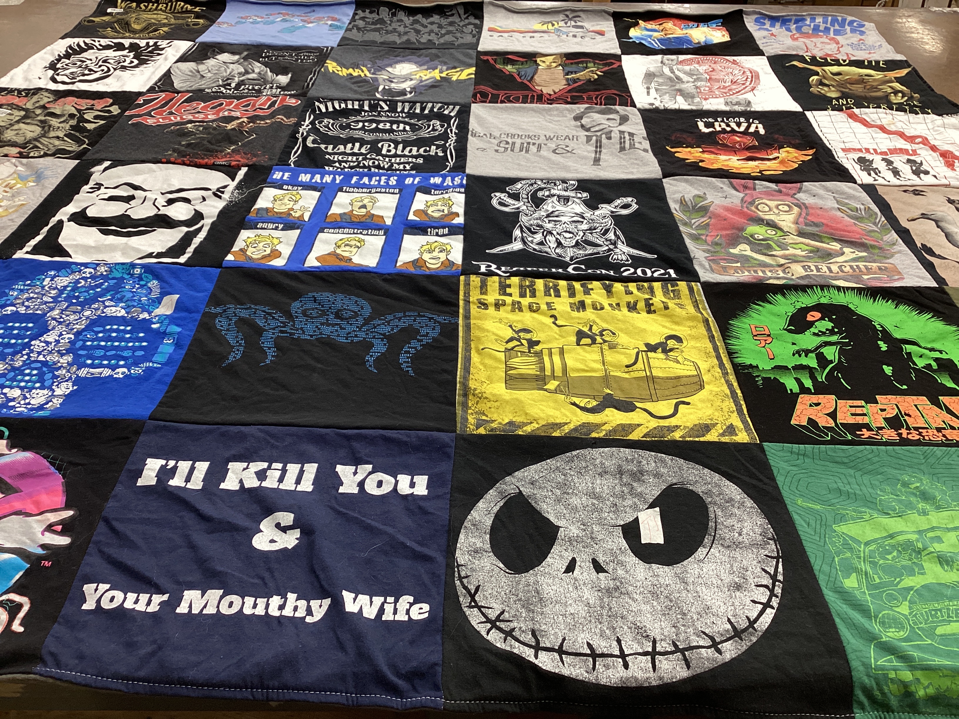 T-shirt quilt with comics, horror themes by Marianne from AZ