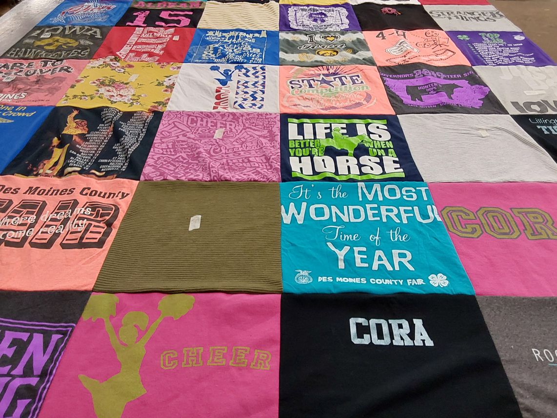 T-shirt quilt with horses, cheerleading themes by Amber from NC