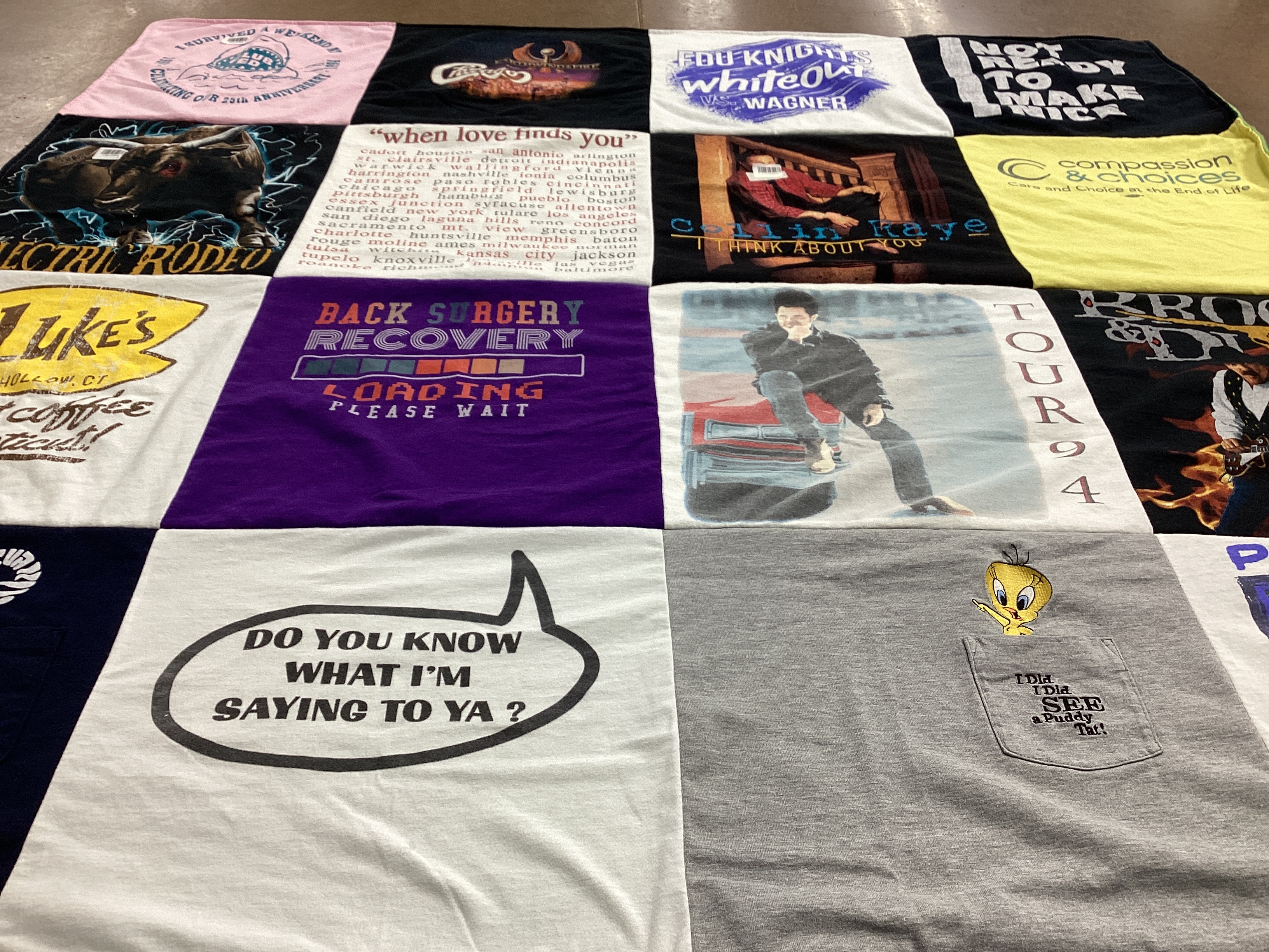 T-shirt quilt with music, health themes by Corinne from NJ