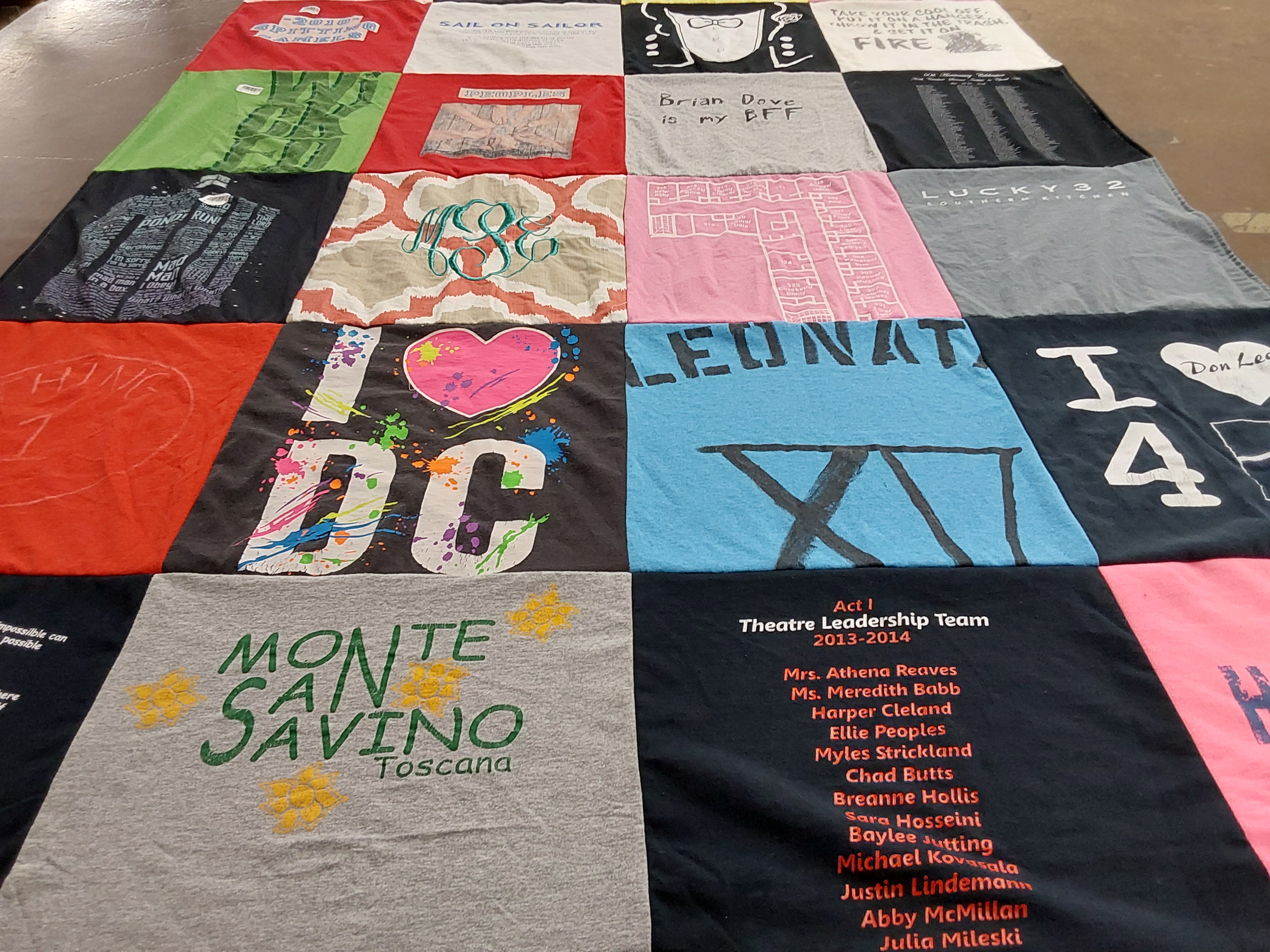 T-shirt quilt with theater, leadership themes by Denise from NC