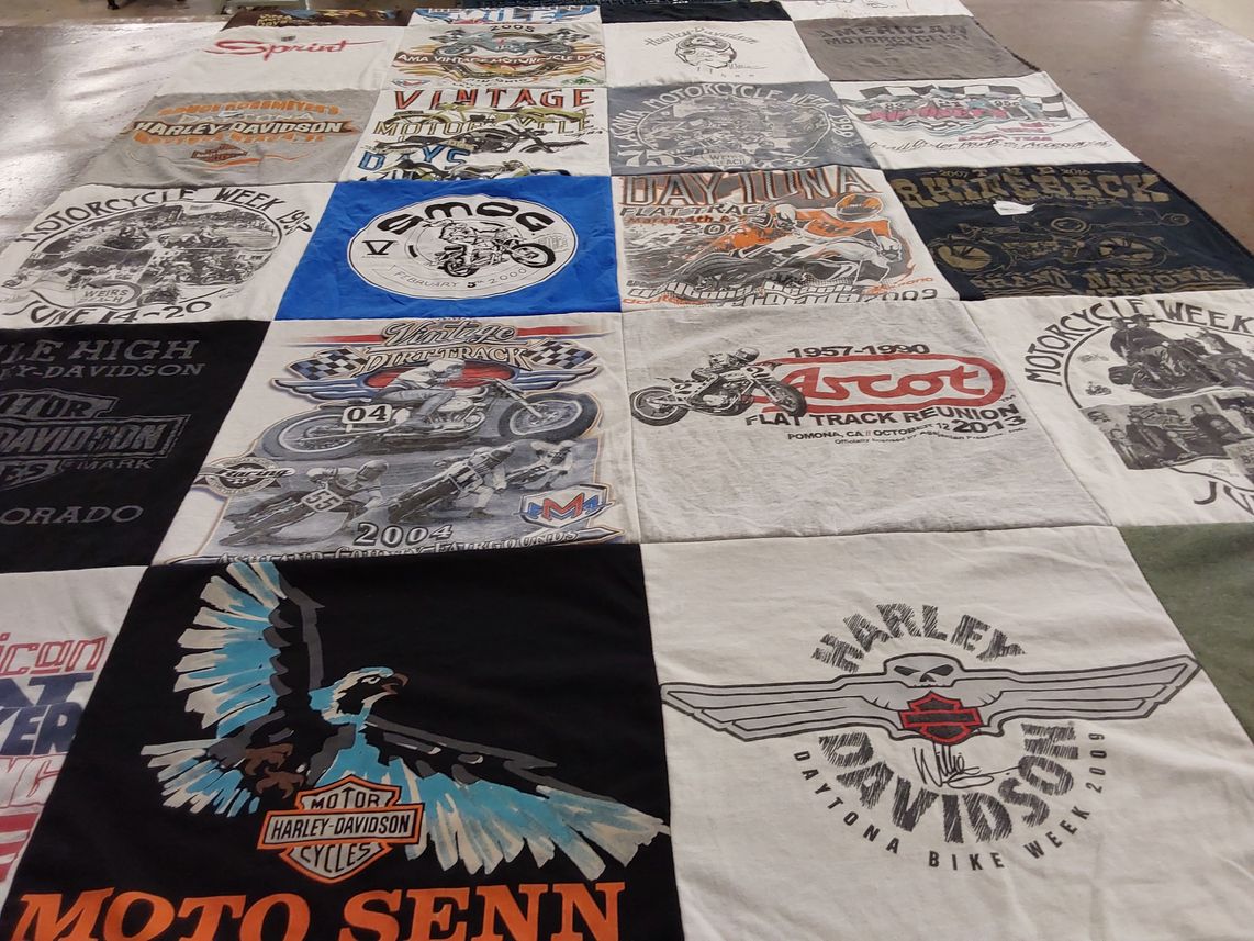 T-shirt quilt with motorcycling, biking themes by Nancy from NY