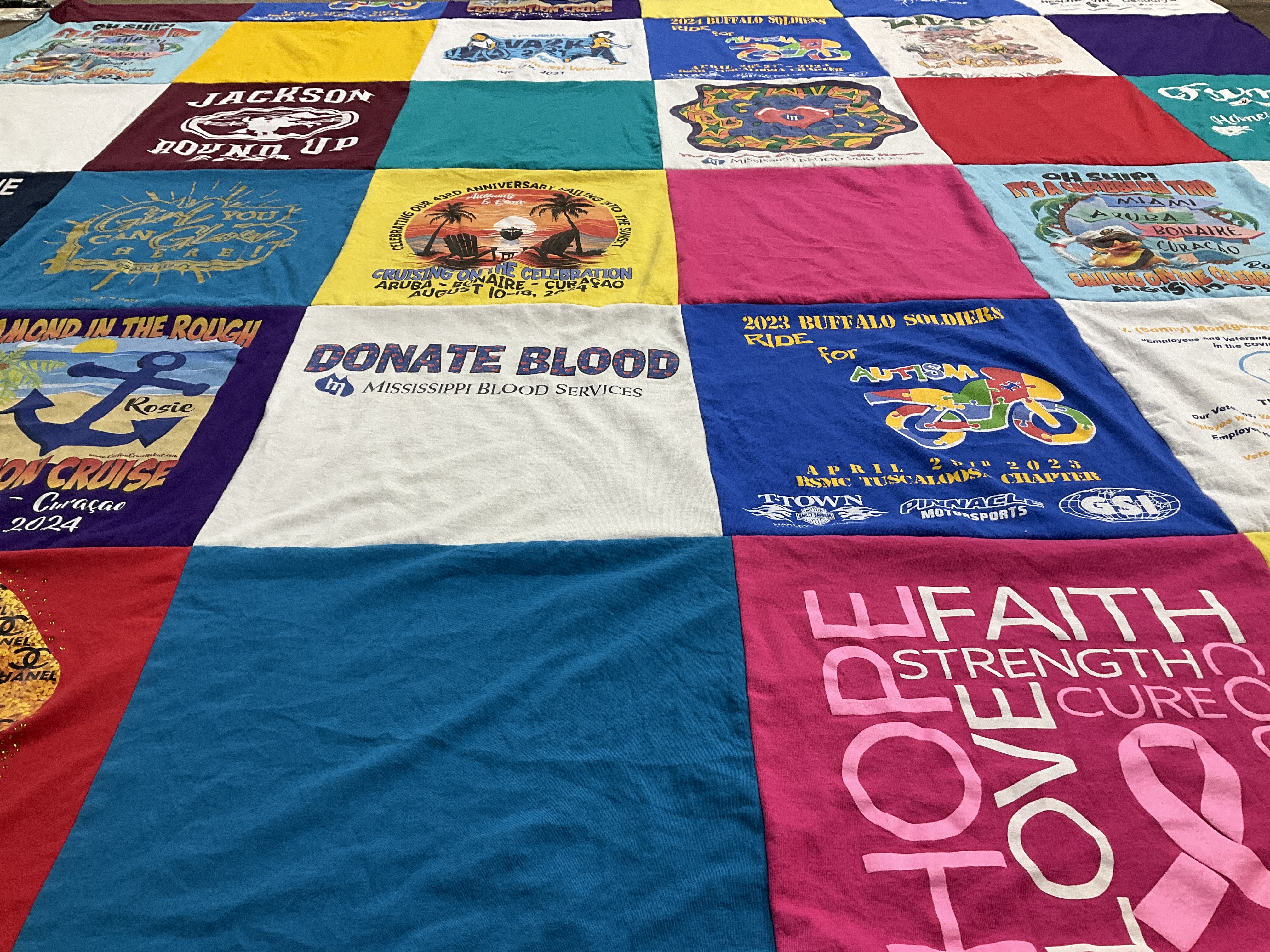 T-shirt quilt with cruising, blood donation themes by Rosie from MS