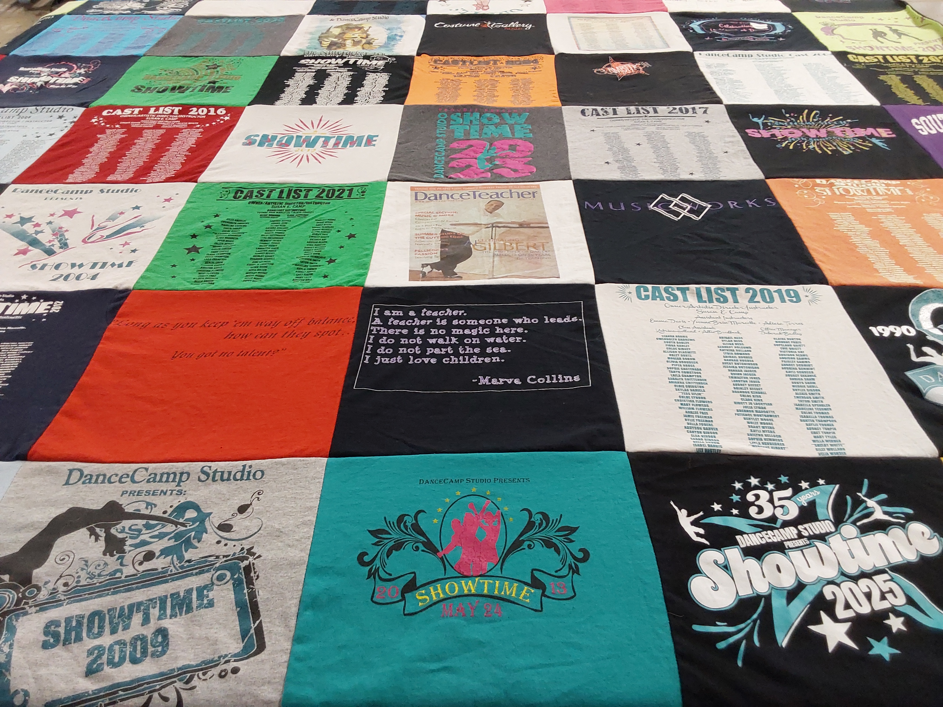 T-shirt quilt with dance, theater themes by Susan from KS