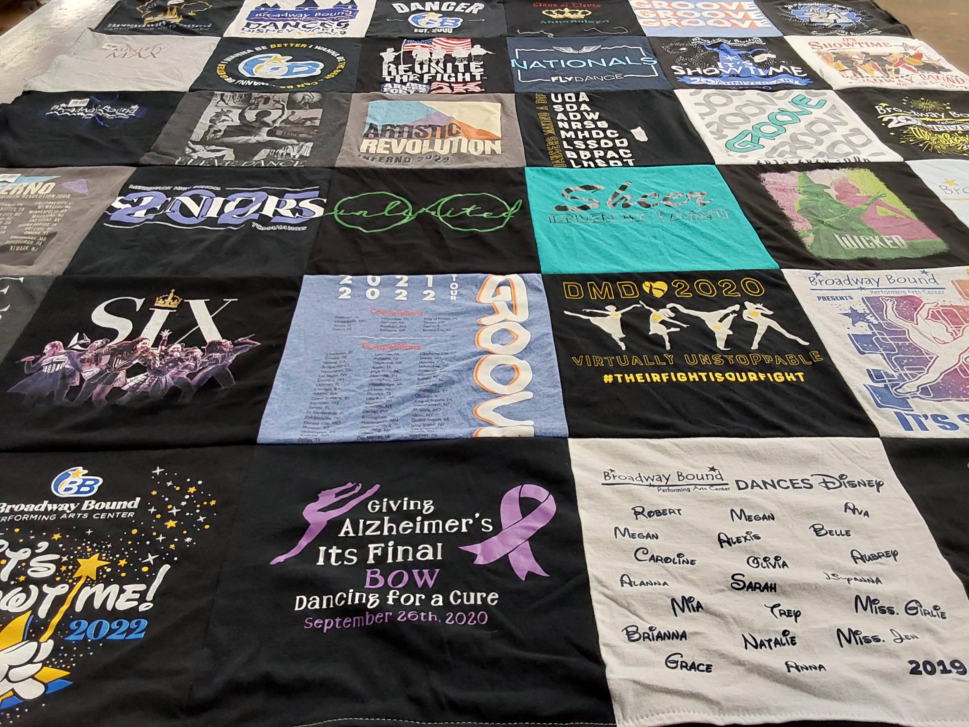 T-shirt quilt with dance, theater themes by Christine from NH