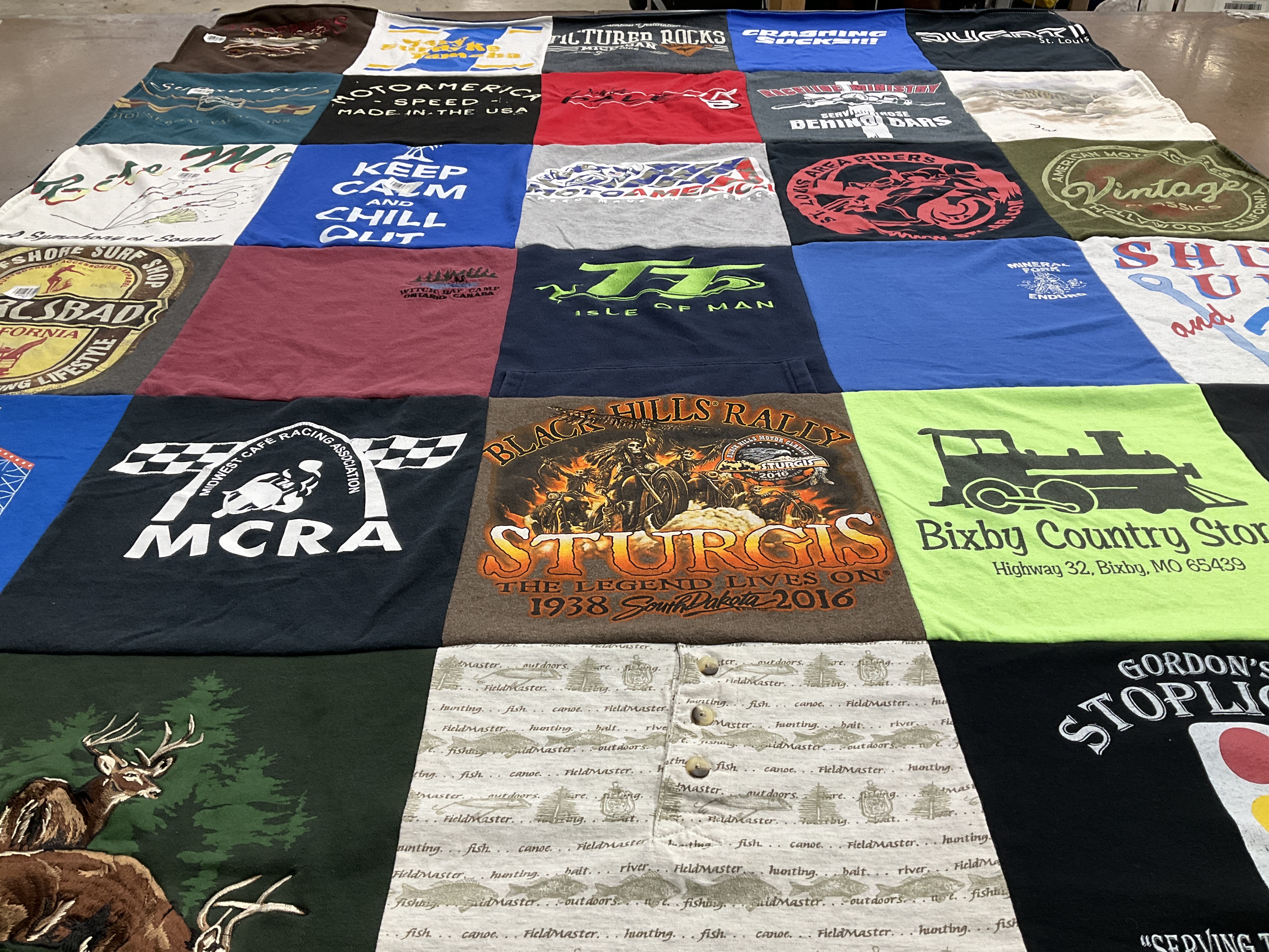 T-shirt quilt with motorcycling, racing themes by Lana from MO