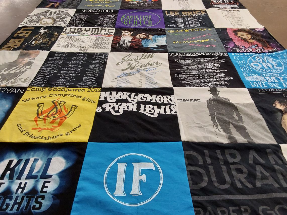 T-shirt quilt with music, concerts themes by Anita from IA