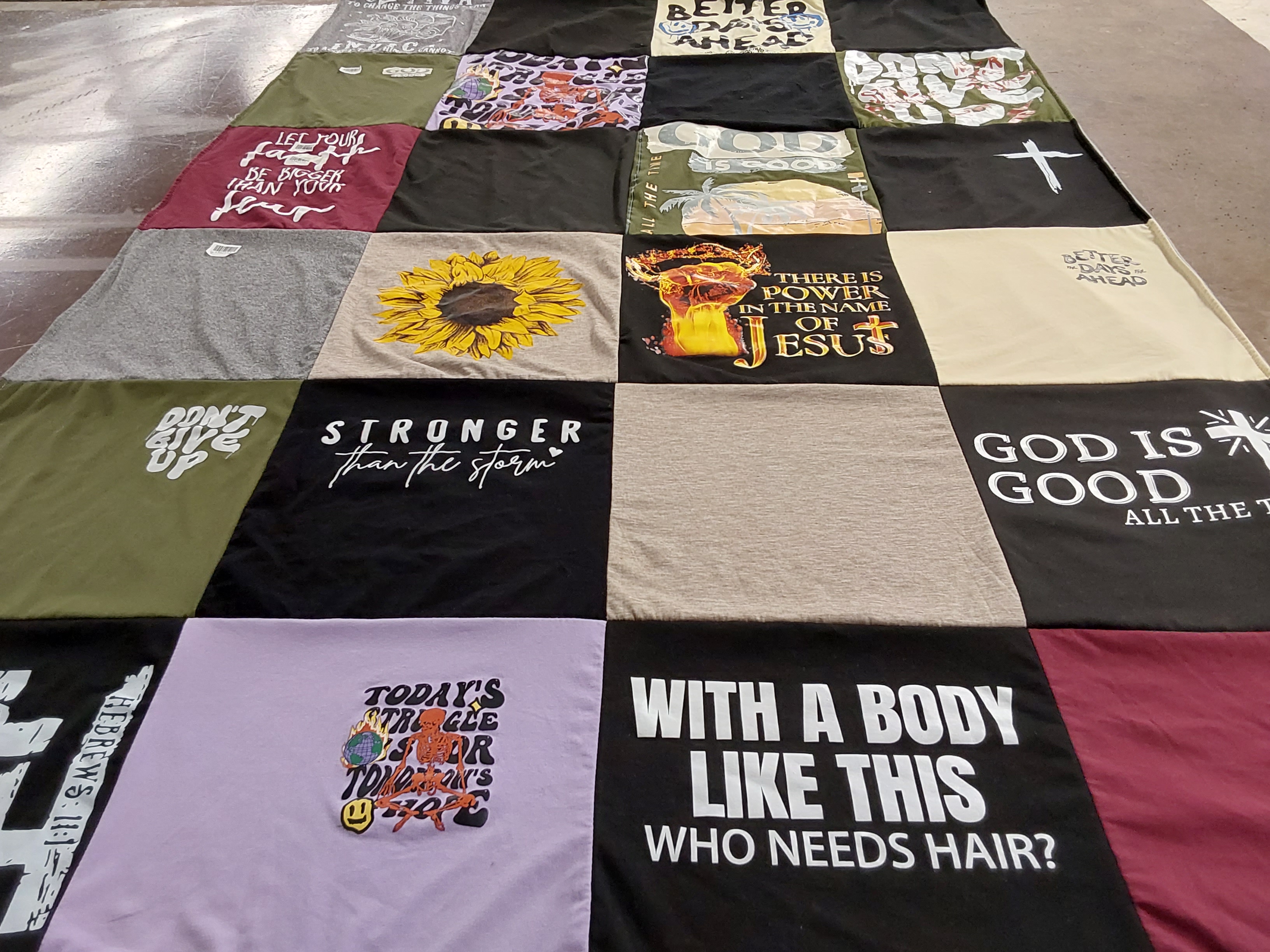 T-shirt quilt with faith, motivational themes by Pamela from FL