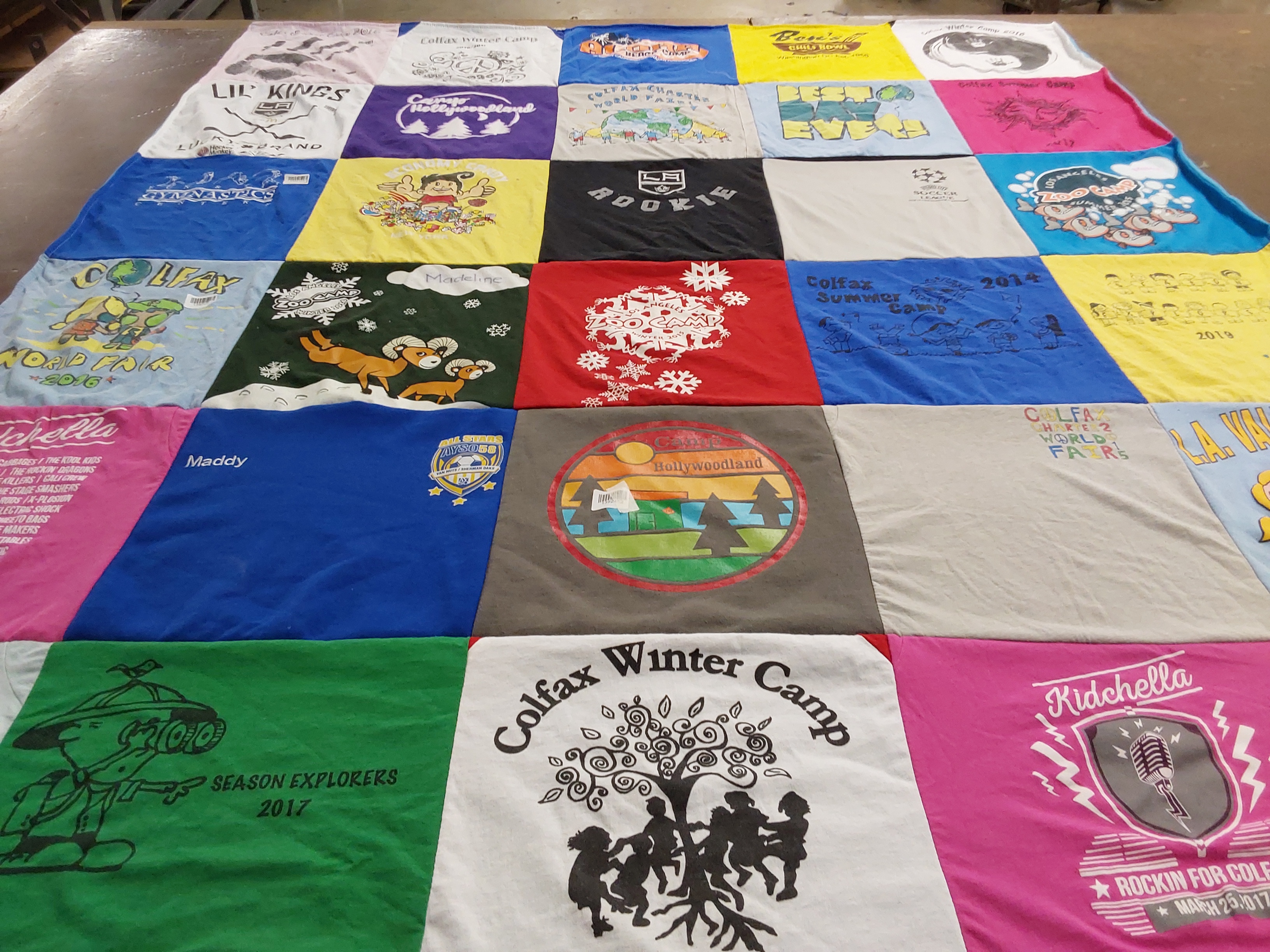T-shirt quilt with camping, kids activities themes by Jennifer from CA
