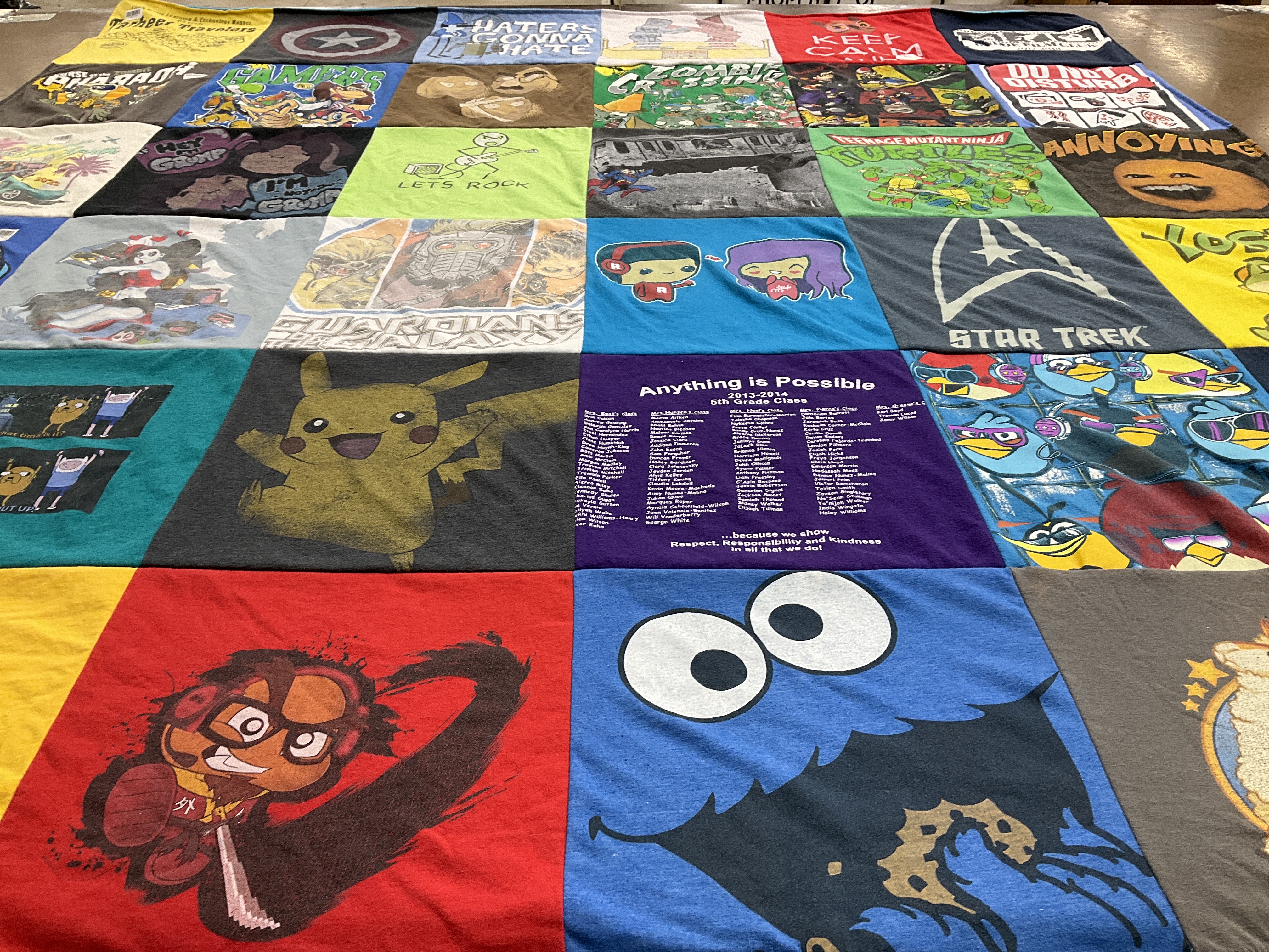 T-shirt quilt with comics, games themes by Chrissy from NC