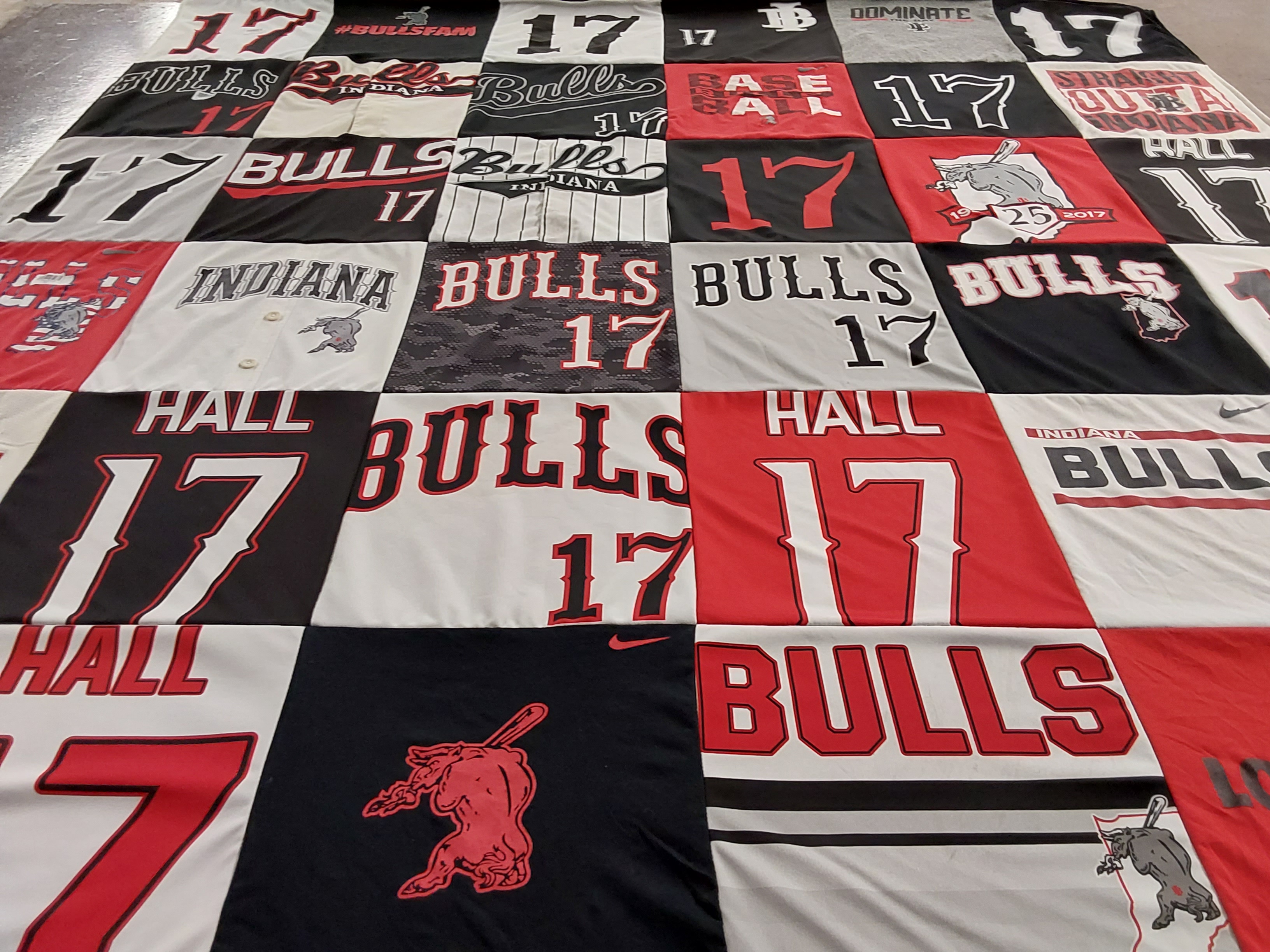 T-shirt quilt with sports, baseball themes by Meggie from IN