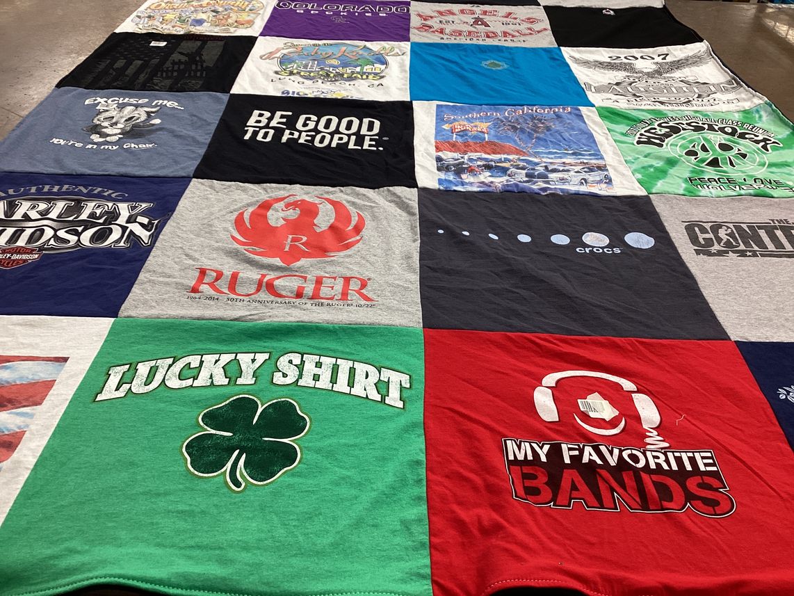 T-shirt quilt with motorcycles, music themes by Karen from MO