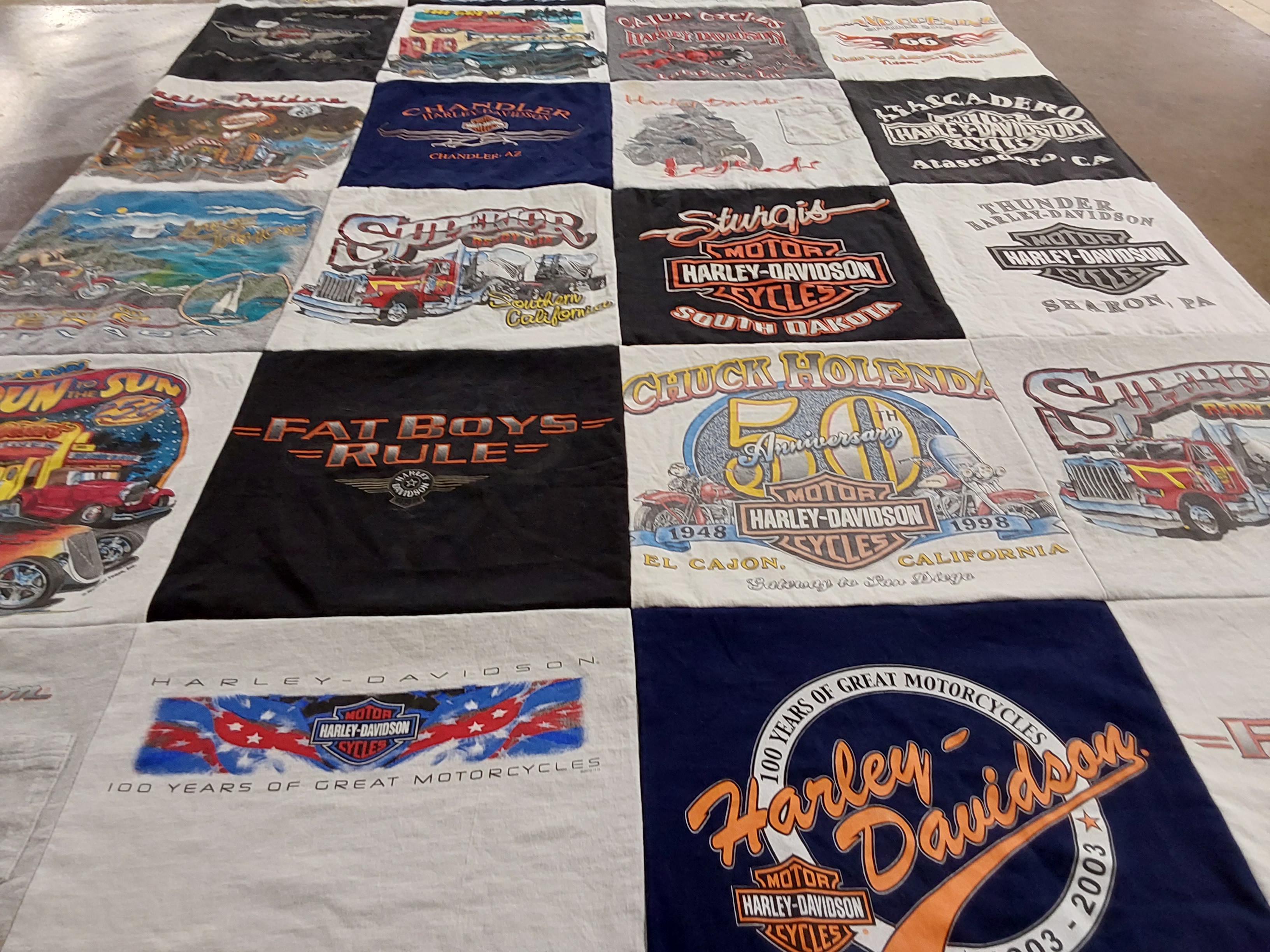 T-shirt quilt with motorcycles, biking themes by Kaylyn from NC