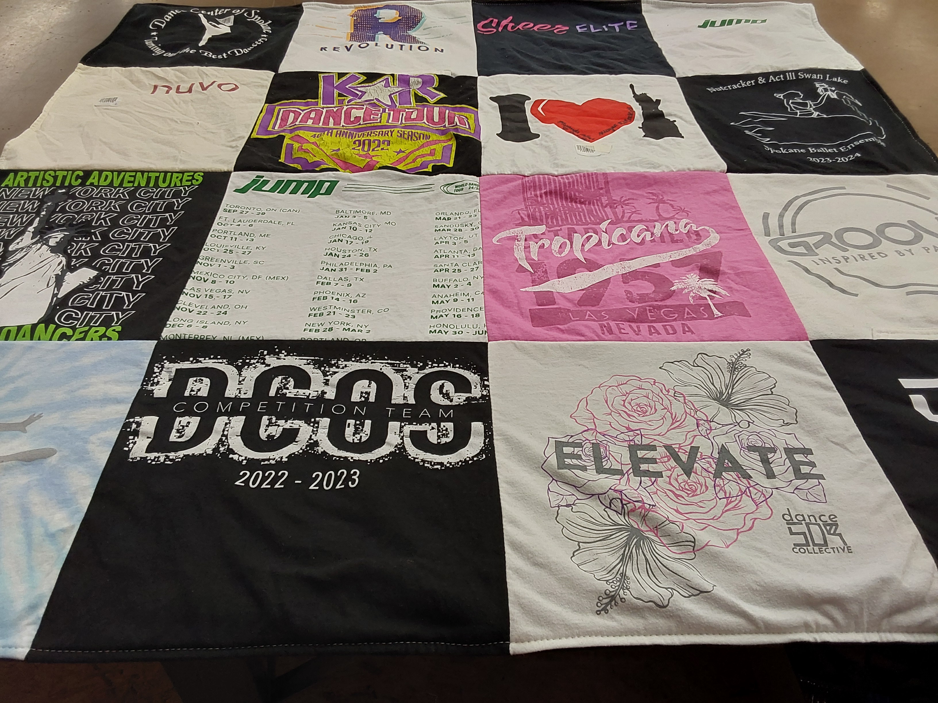 T-shirt quilt with dance, performance themes by Libby from WA