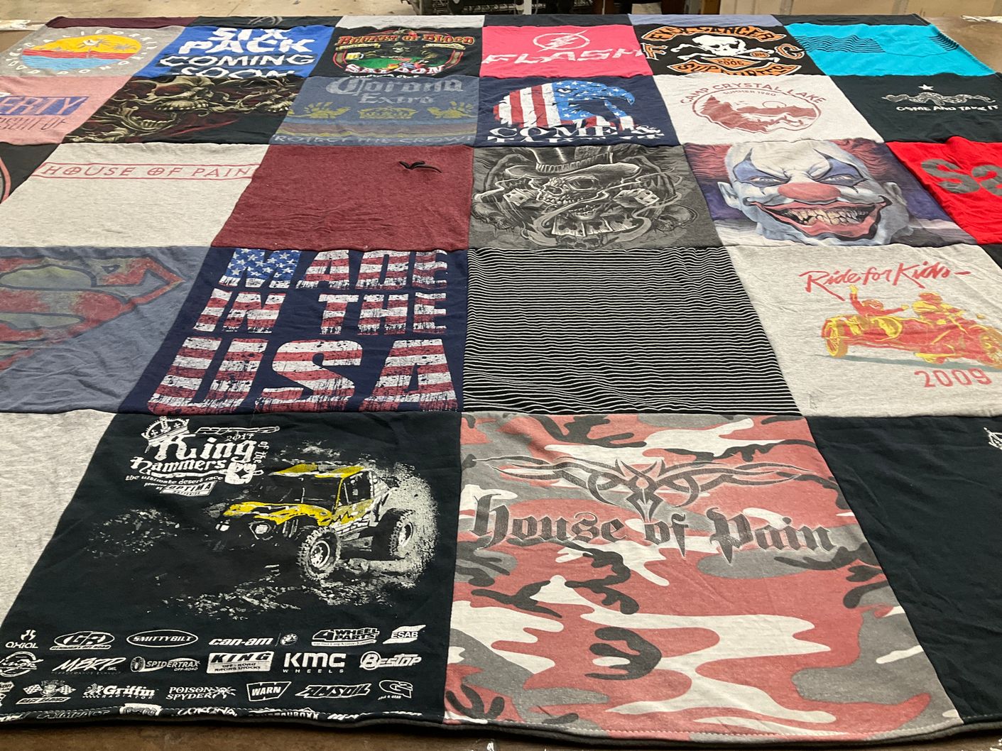 T-shirt quilt with music, vehicles themes by Rosy from CA