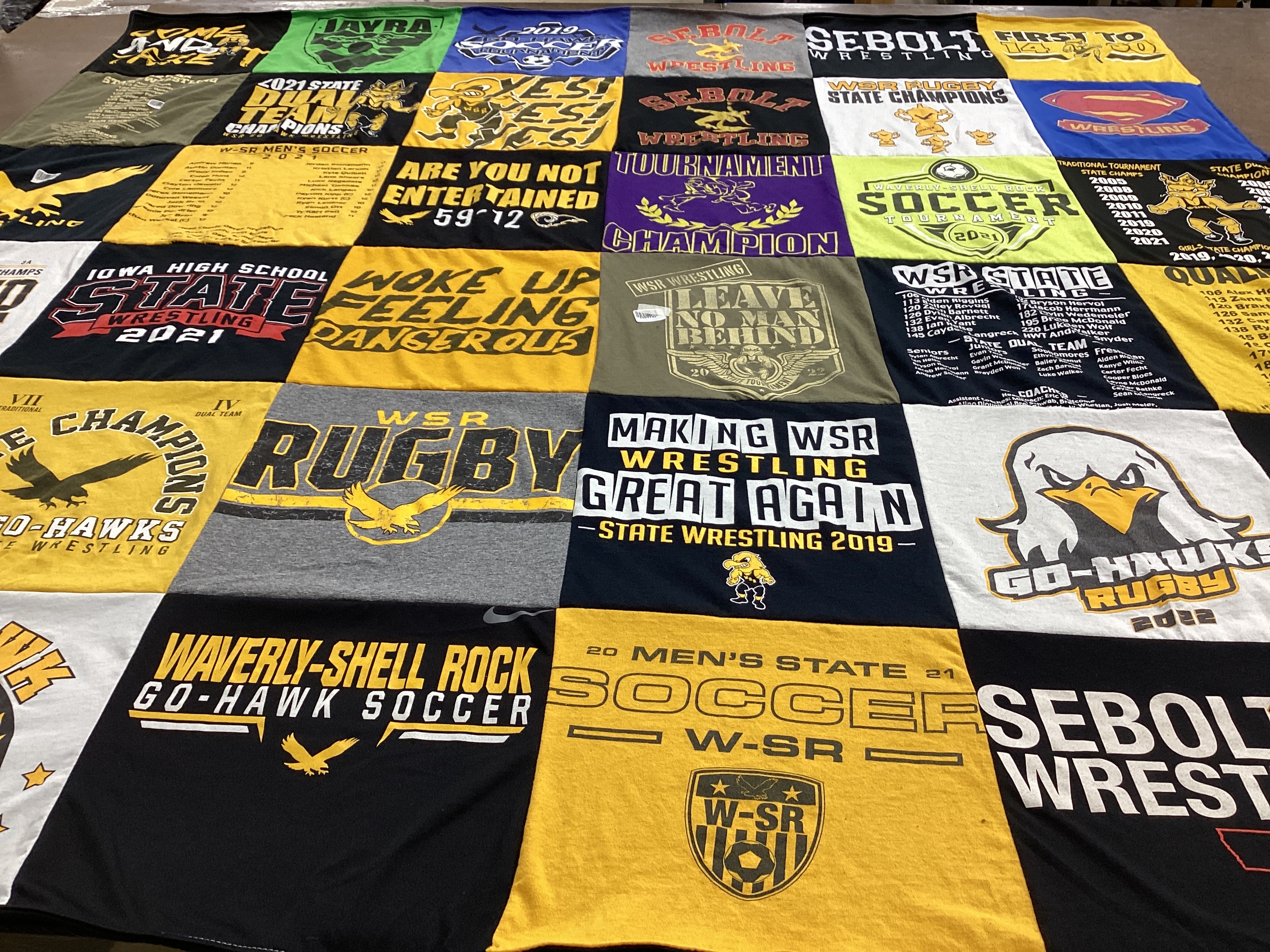 T-shirt quilt featuring waverly-shell rock soccer, waverly-shell rock go-hawk rugby by Monica from IA