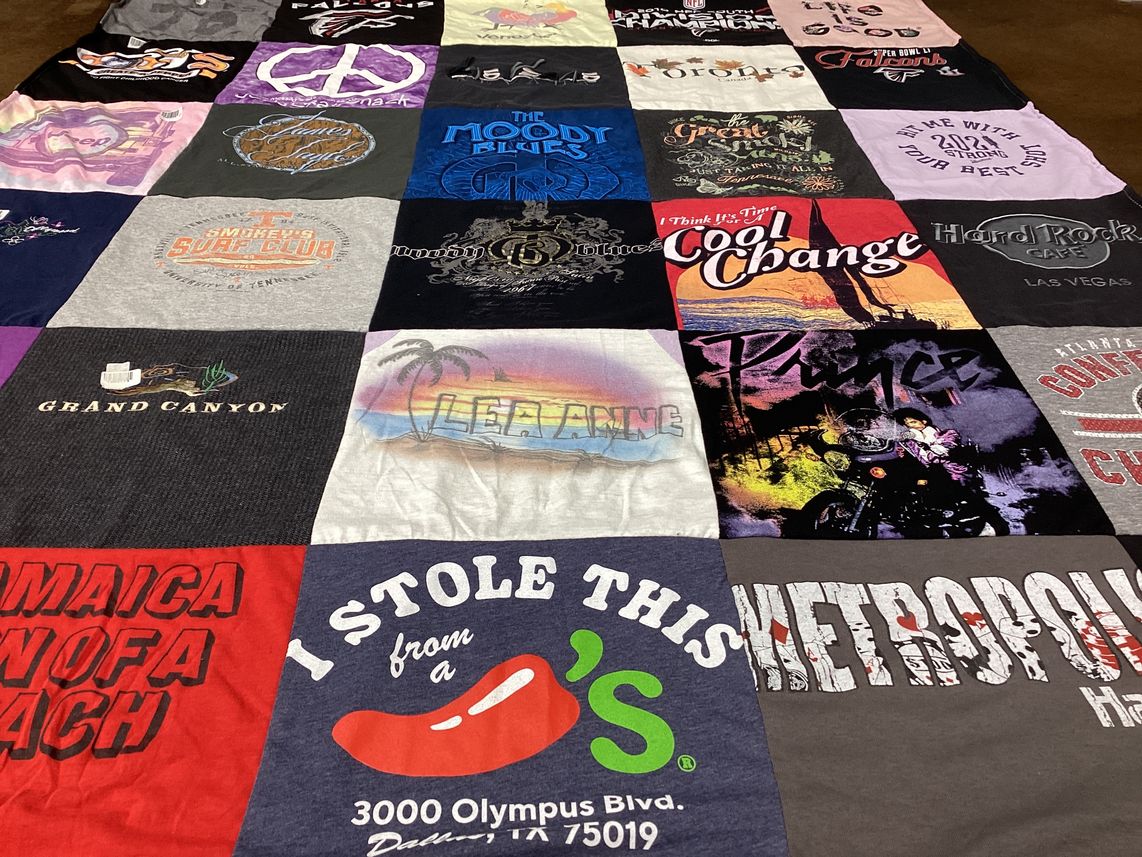 T-shirt quilt with music, travel themes by Lea Anne from TN
