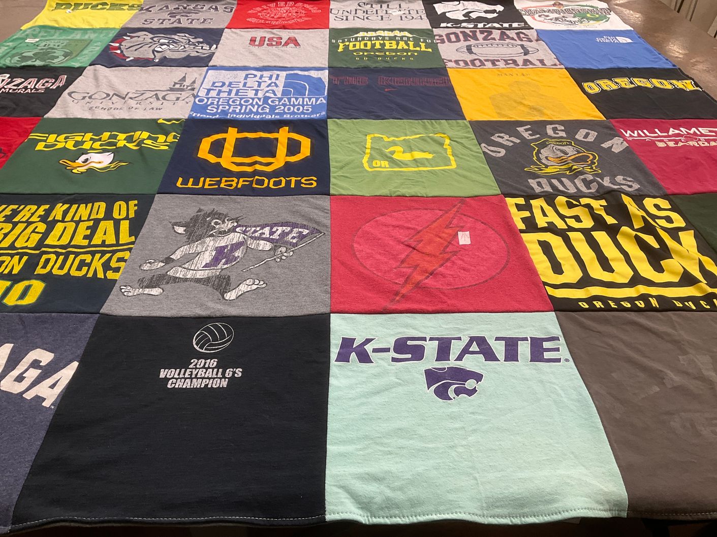 T-shirt quilt featuring oregon ducks, kansas state by Jenni from MO
