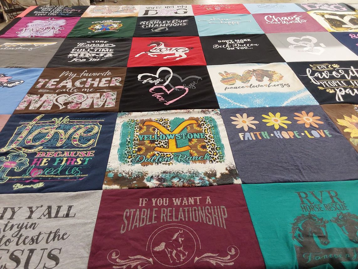 T-shirt quilt with teaching, horses themes by Deborah from FL