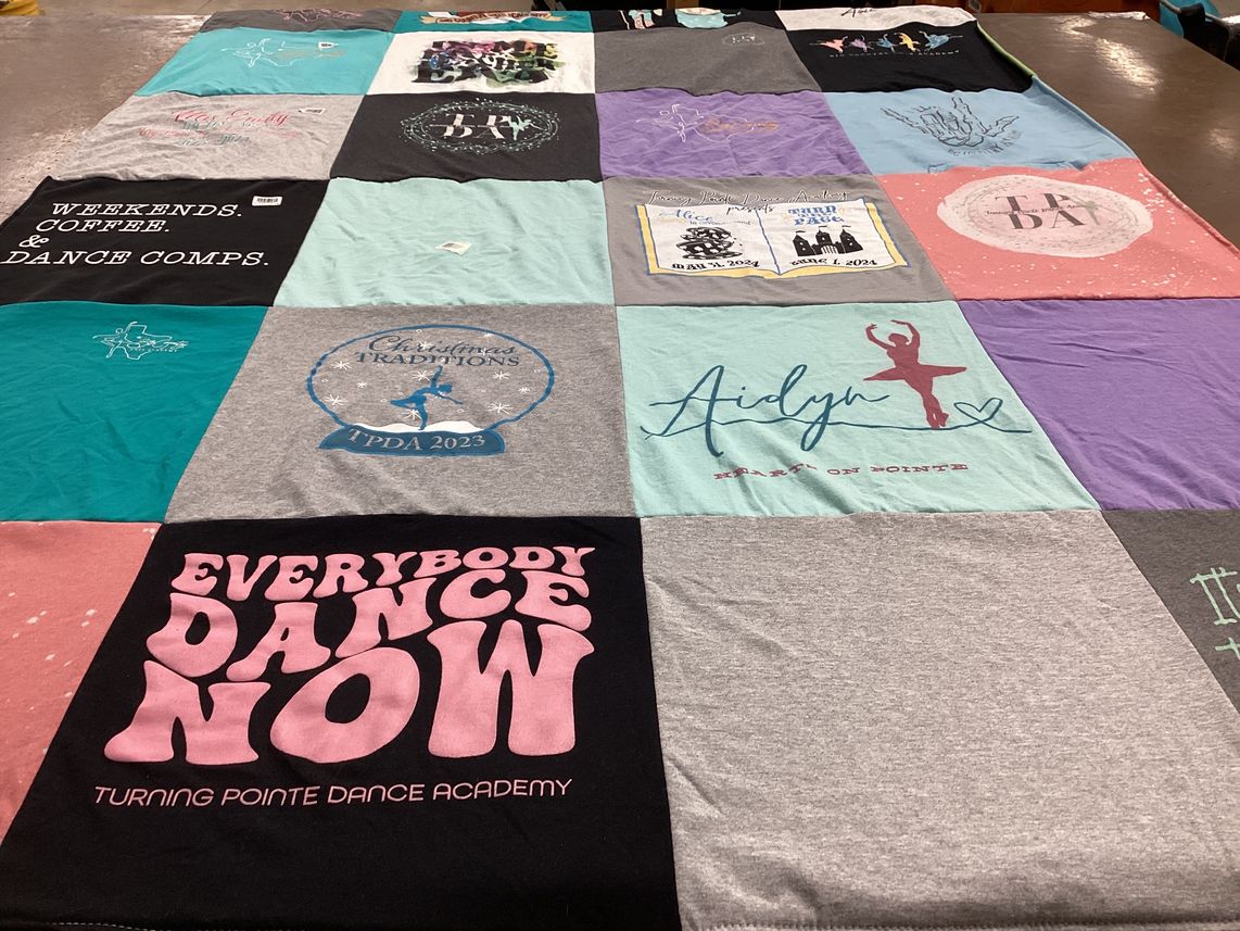 T-shirt quilt with dance, performance themes by Amy from TX
