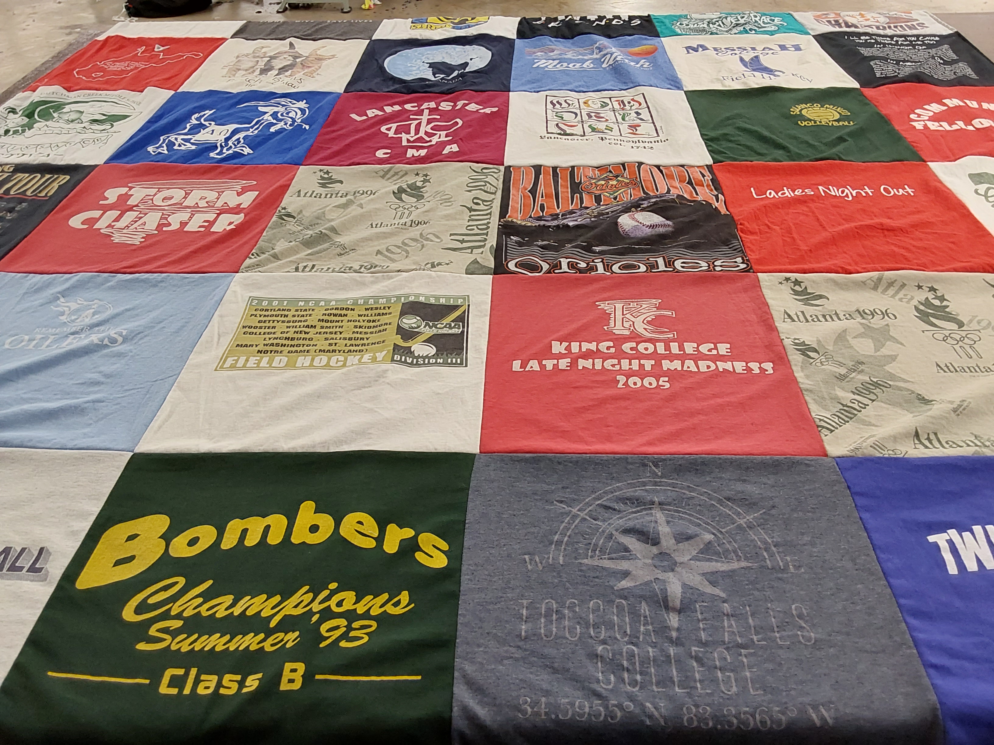 T-shirt quilt from toccoa falls college, king college by Vickie from SC