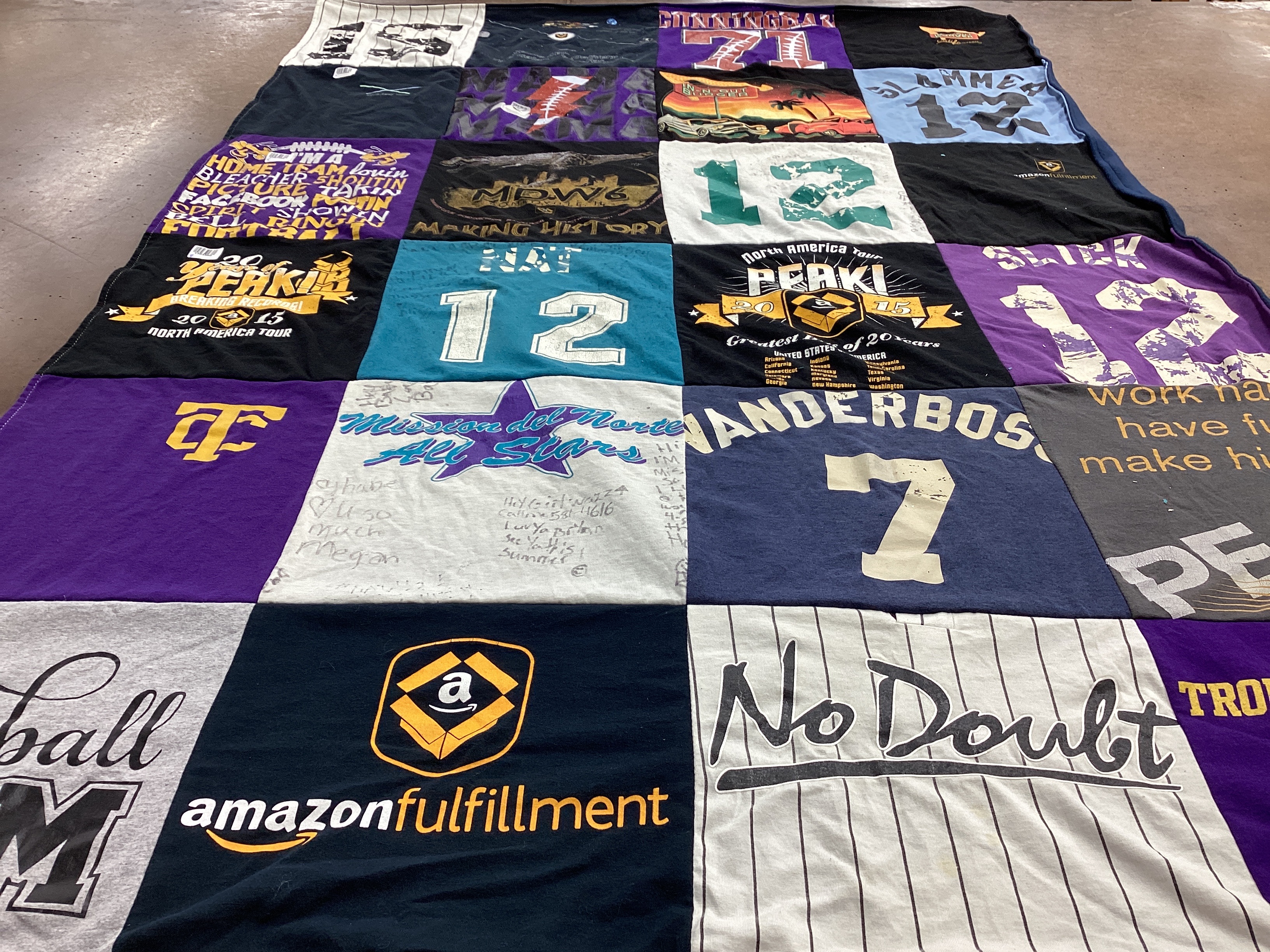 T-shirt quilt with music, sports themes by Natalie from FL
